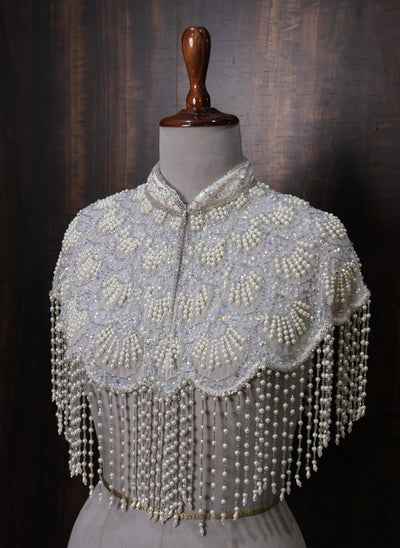 White Fringe Pearl Beaded Cape: Wedding & Evening Cover-Up Shrug