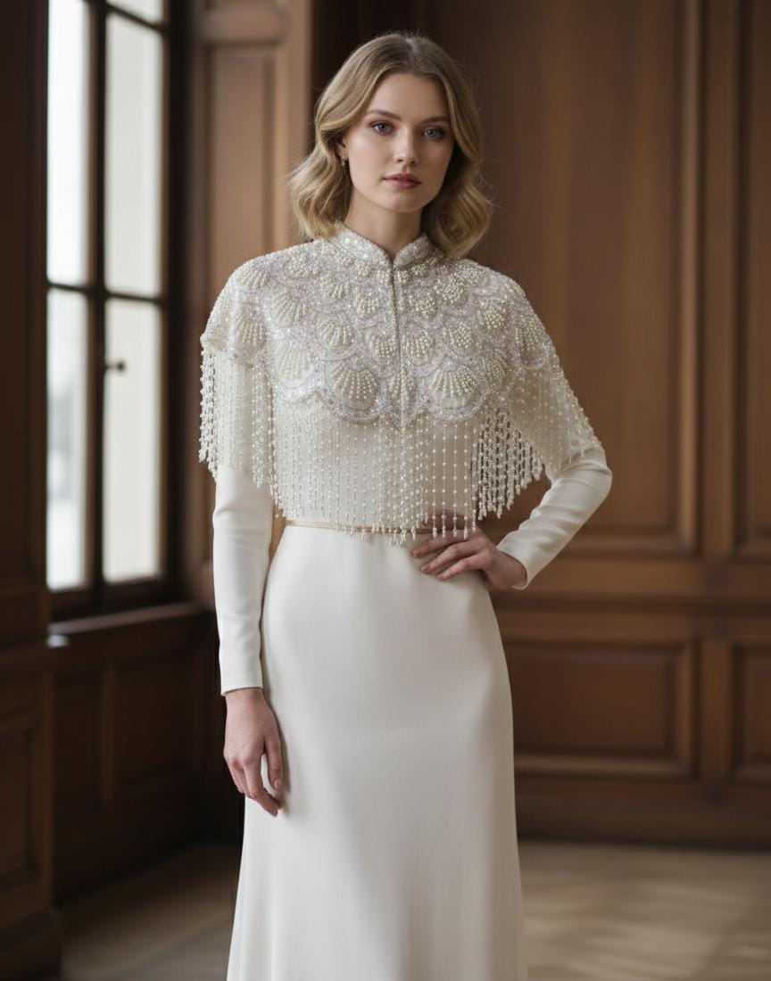 White Fringe Pearl Beaded Cape: Wedding & Evening Cover-Up Shrug