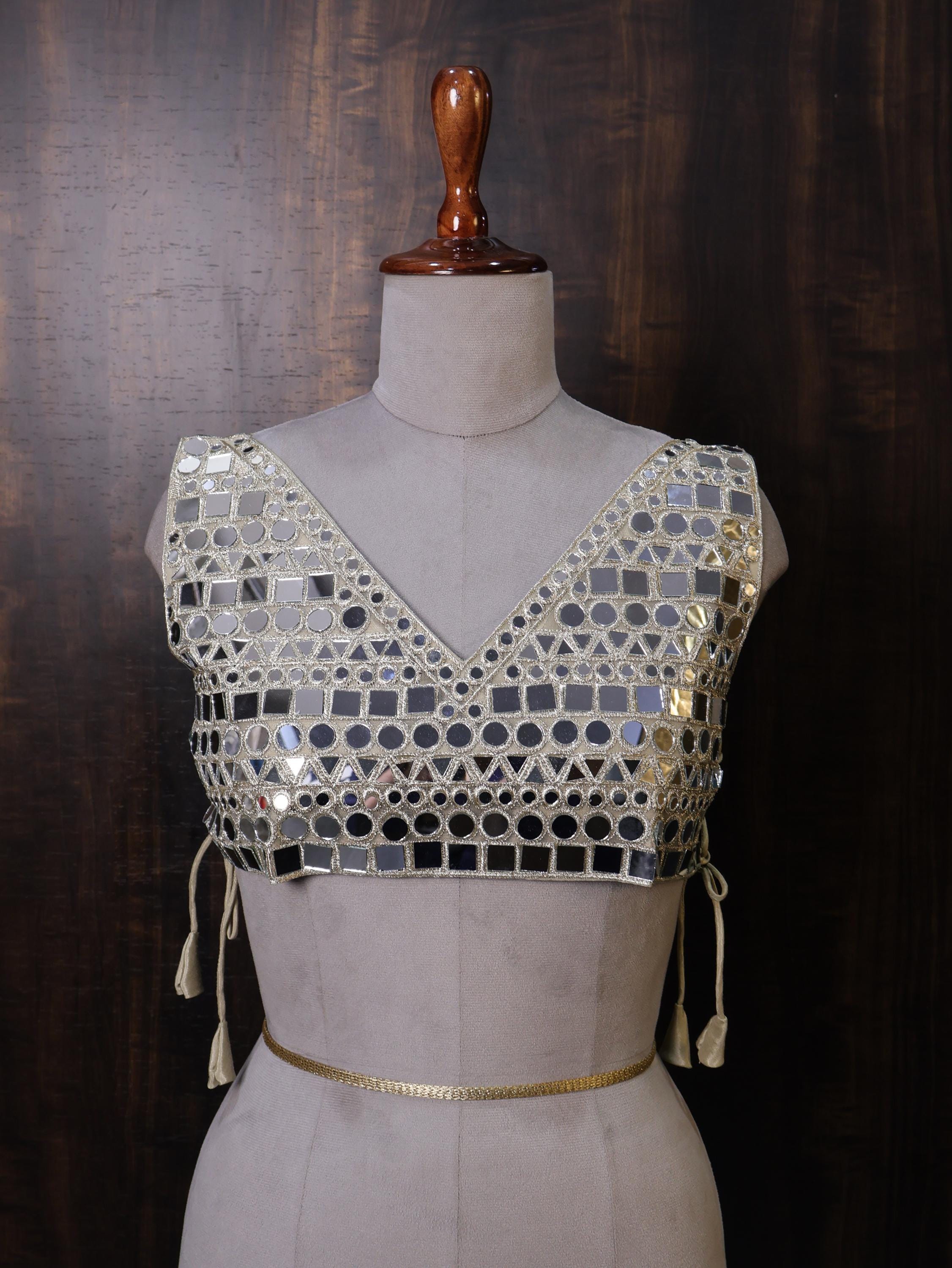 Gold Mirror Work Blouse: Embellished Luxury Sculpted Blouse for Party Wear