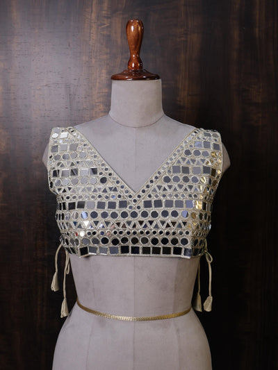 Gold Mirror Work Blouse: Embellished Luxury Sculpted Blouse for Party Wear