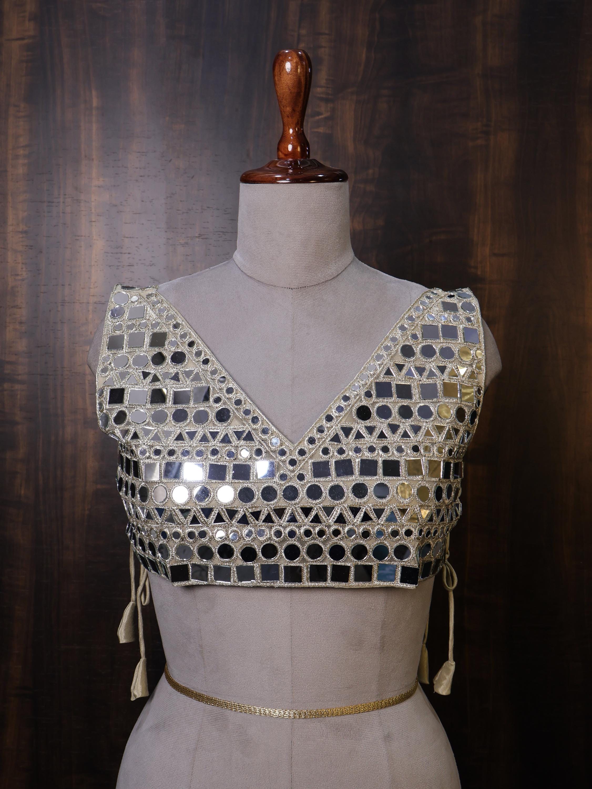 Gold Mirror Work Blouse: Embellished Luxury Sculpted Blouse for Party Wear