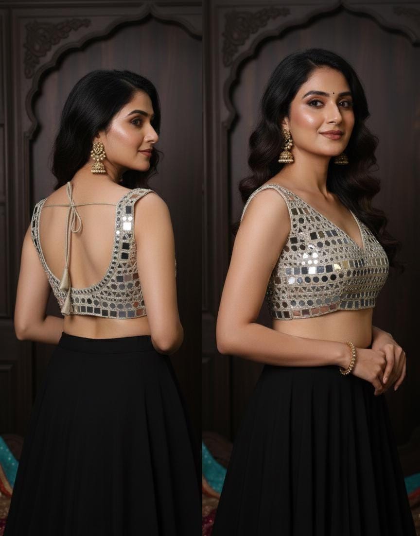 Gold Mirror Work Blouse: Embellished Luxury Sculpted Blouse for Party Wear