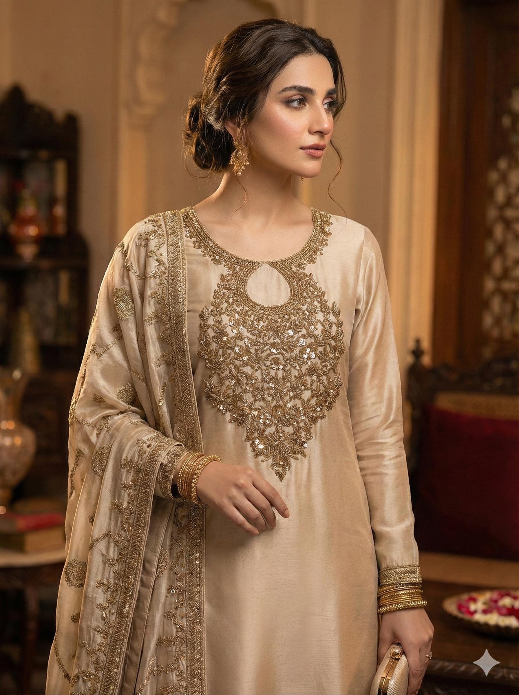 Golden Zardozi Embroidered Neckline Patch with Sleeves