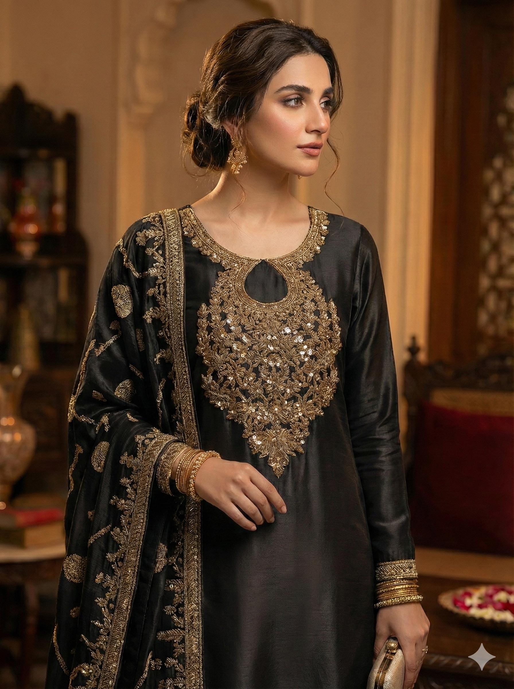 Golden Zardozi Embroidered Neckline Patch with Sleeves