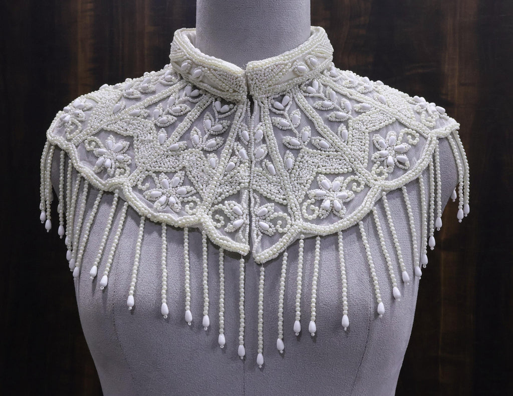 Pearl Embroidered Beaded Mini Cape with Belt: Wedding & Evening Cover-Up Capelet