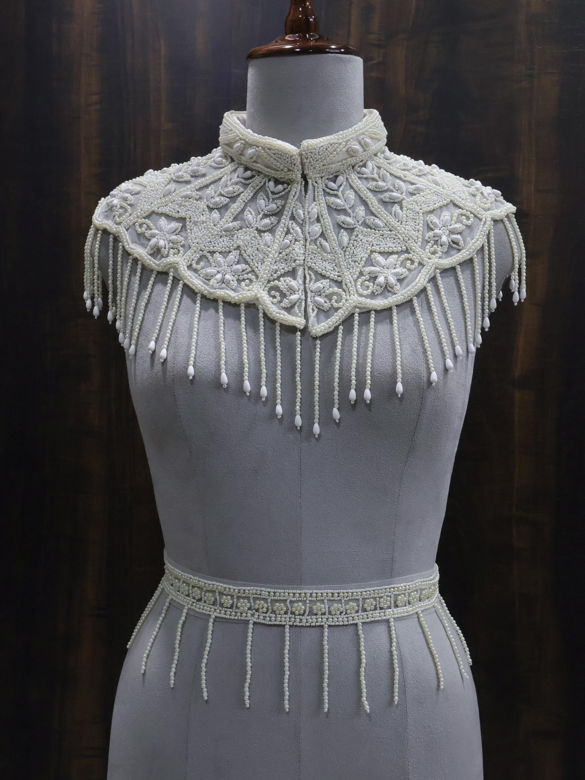 Pearl Embroidered Beaded Mini Cape with Belt: Wedding & Evening Cover-Up Capelet