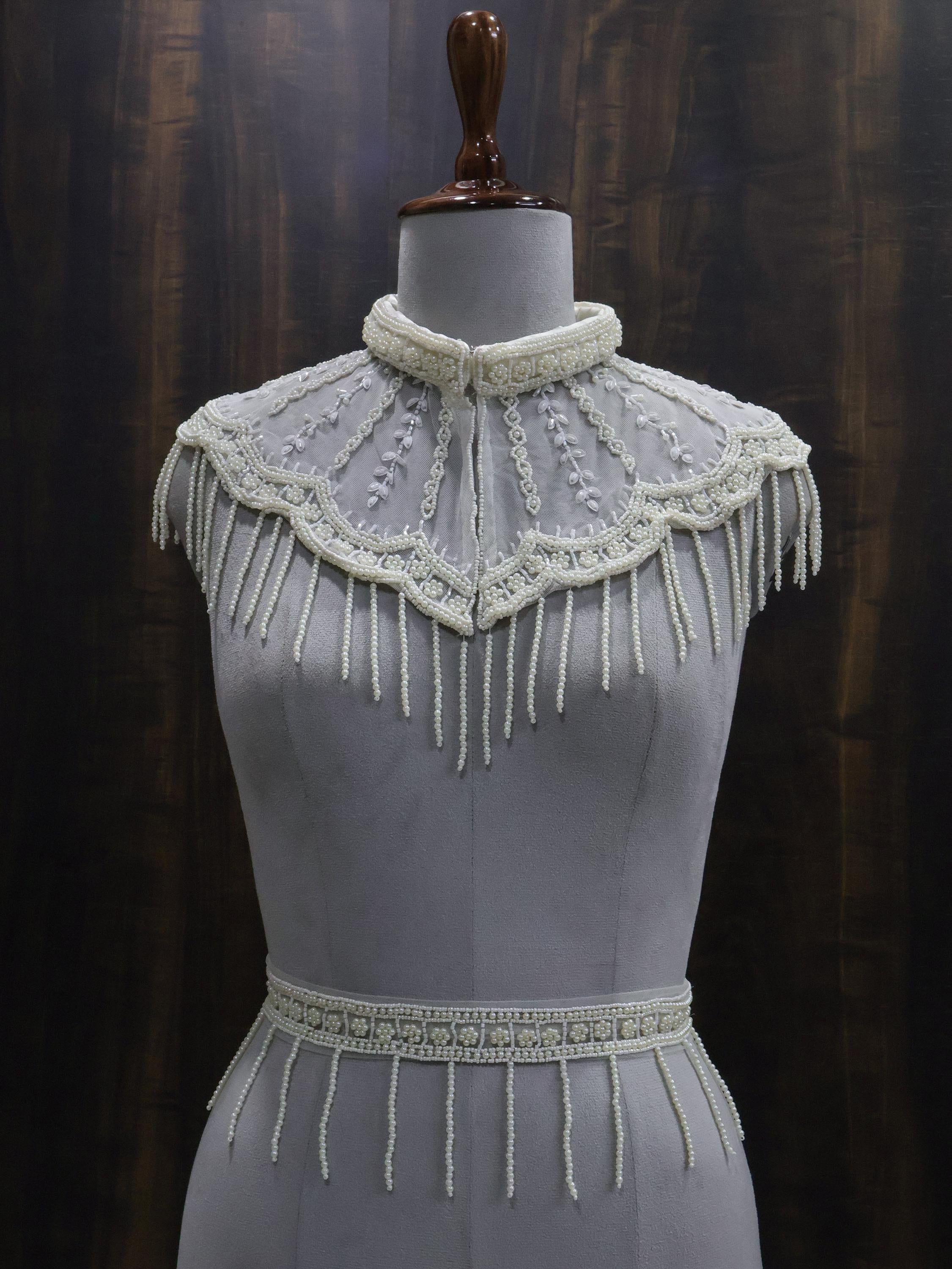 Pearl Embroidered Beaded Mini Cape with Belt: Wedding & Evening Cover-Up Capelet
