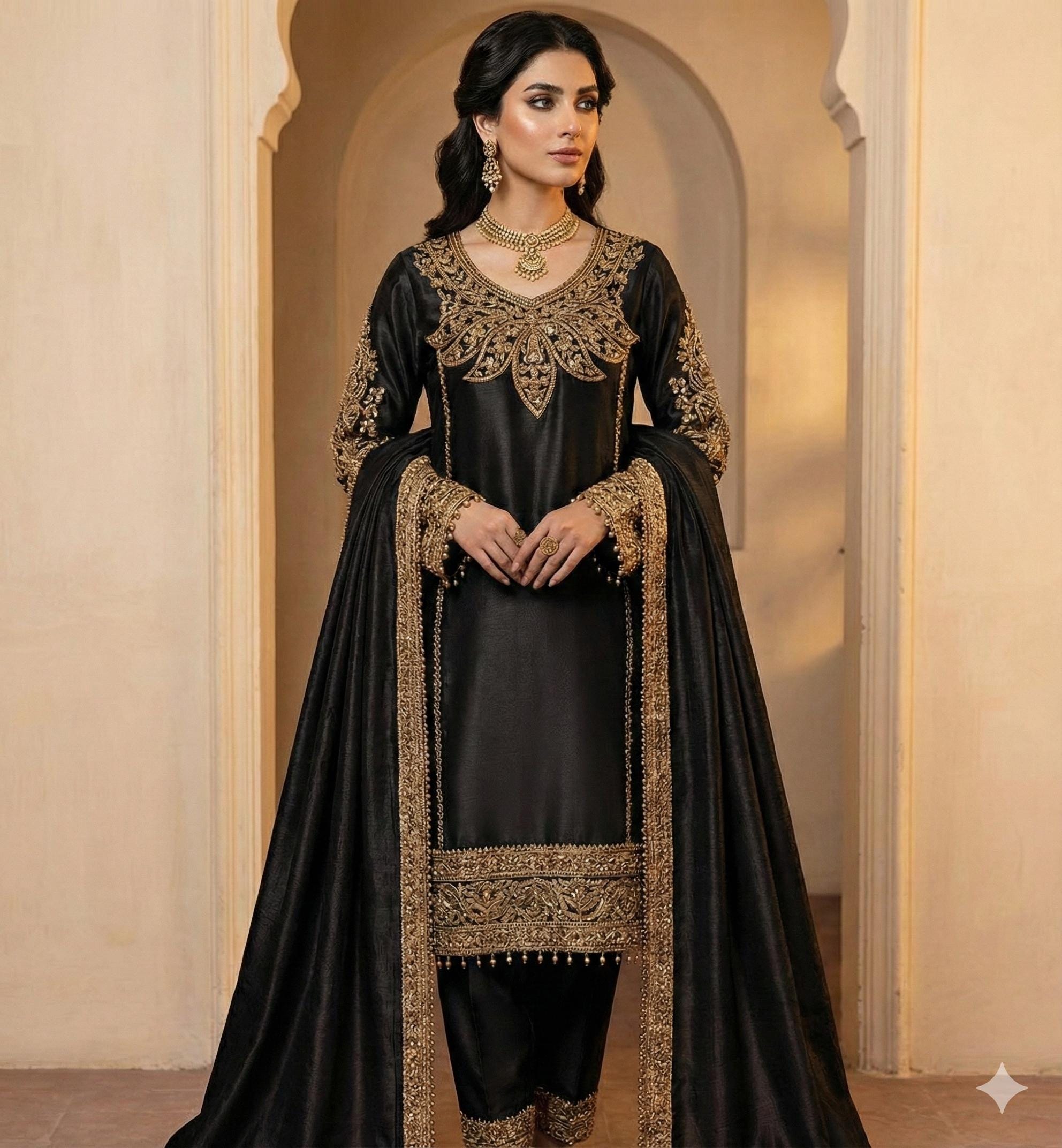 Golden Embroidered Neckline Patch with Sleeves: Indian Zardozi Applique