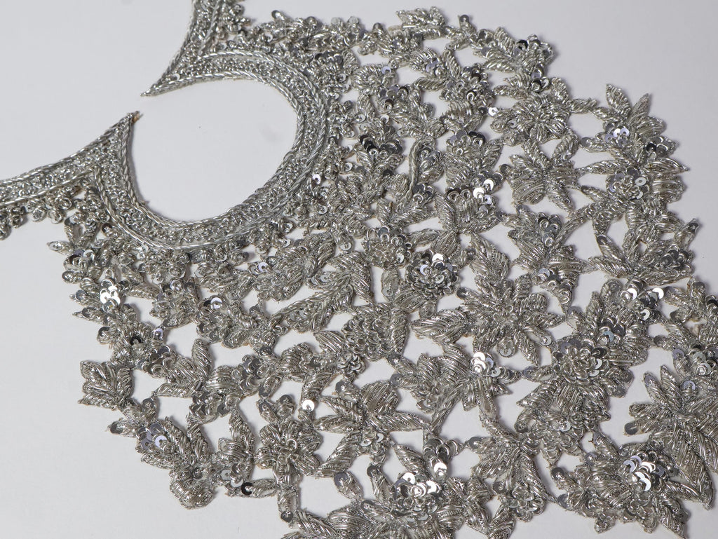 Silver Zardozi Embroidered Neckline Patch with Sleeves