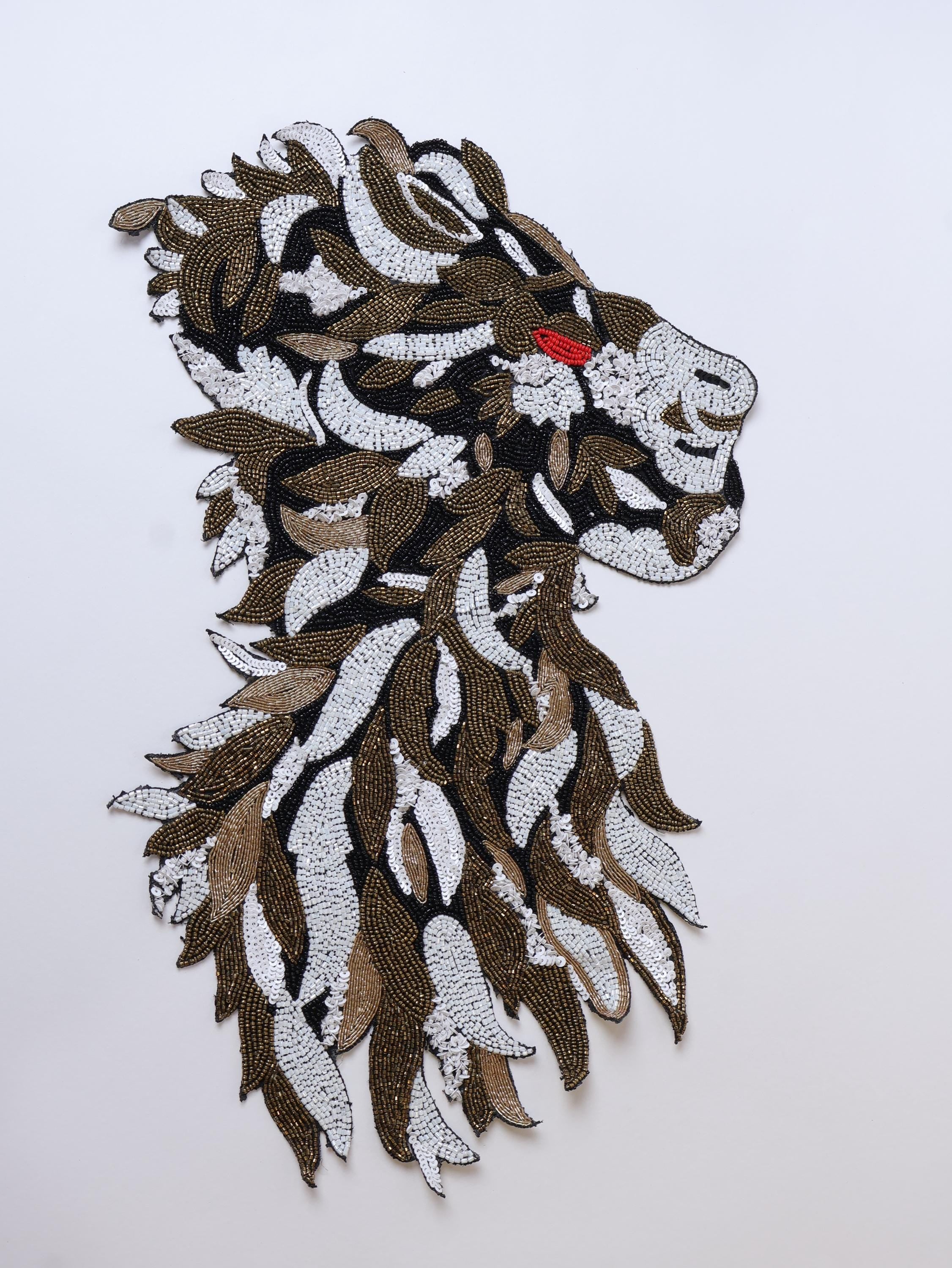 Large Beaded Lion Patch: Metallic Embroidered Applique, Handmade Indian Design