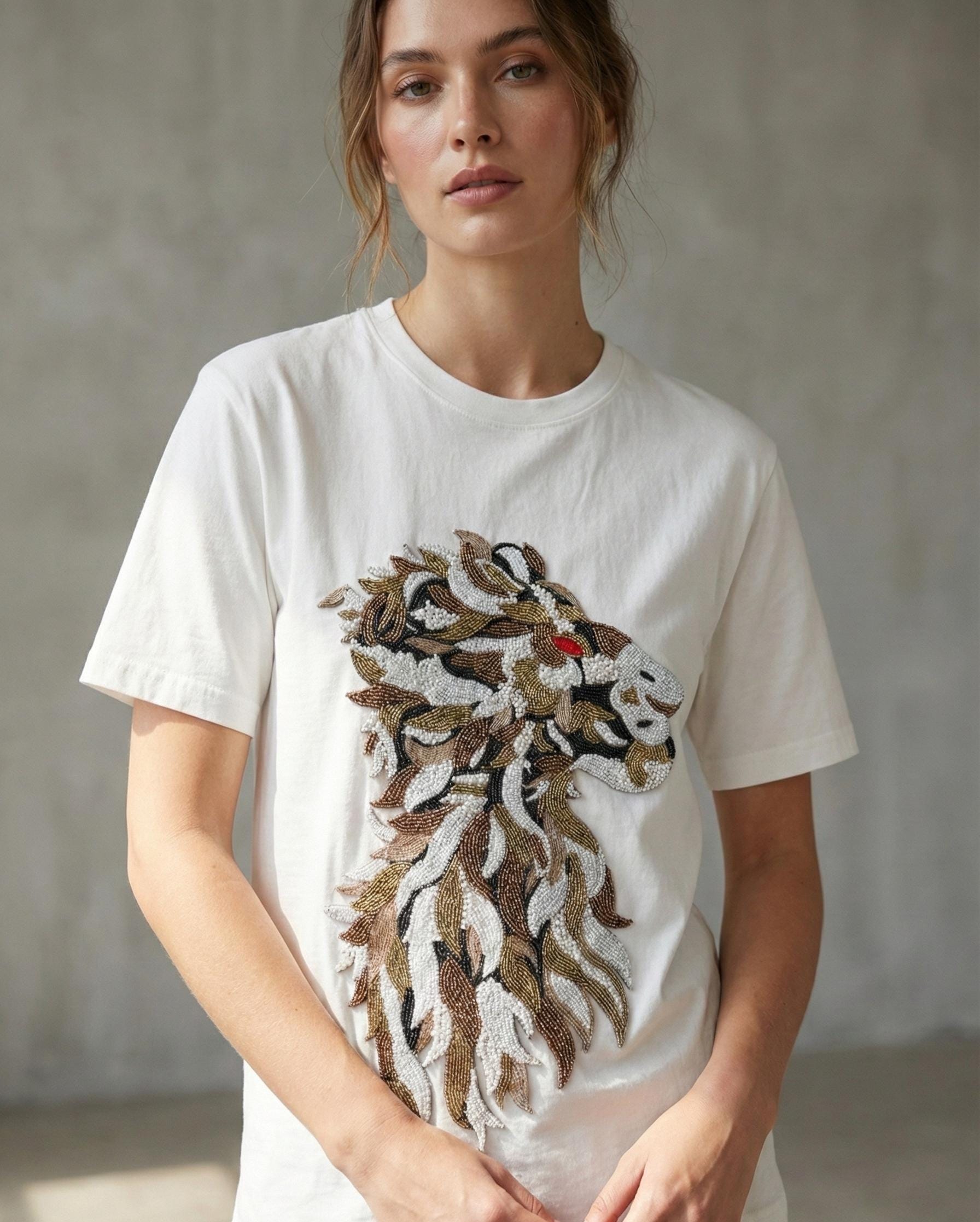 Large Beaded Lion Patch: Metallic Embroidered Applique, Handmade Indian Design