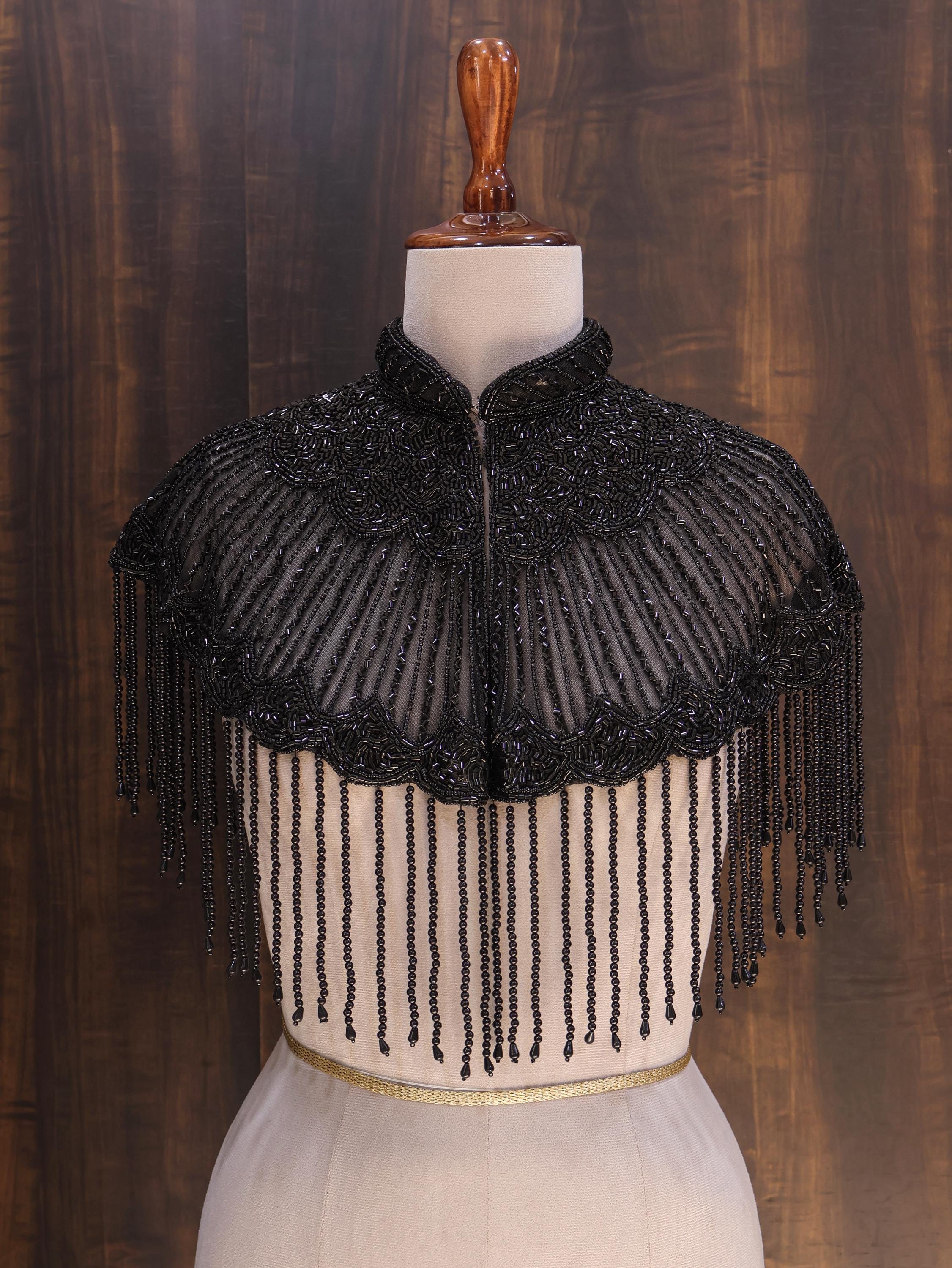Deep Black Beaded Bridal Cape: Wedding & Evening Cover-Up