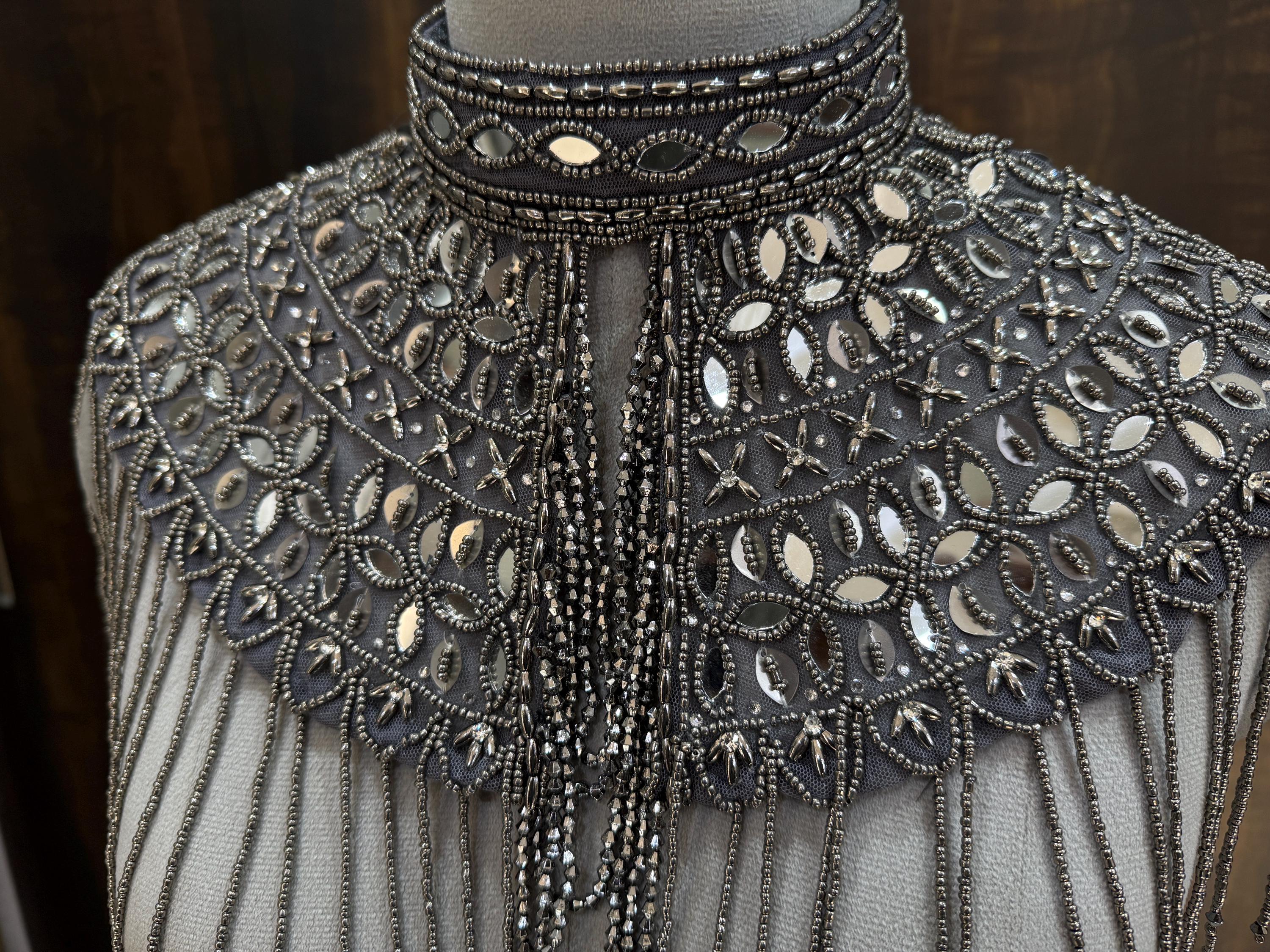 Graphite Glamour Grey Mirrorwork Cape: Wedding & Evening Cover-Up