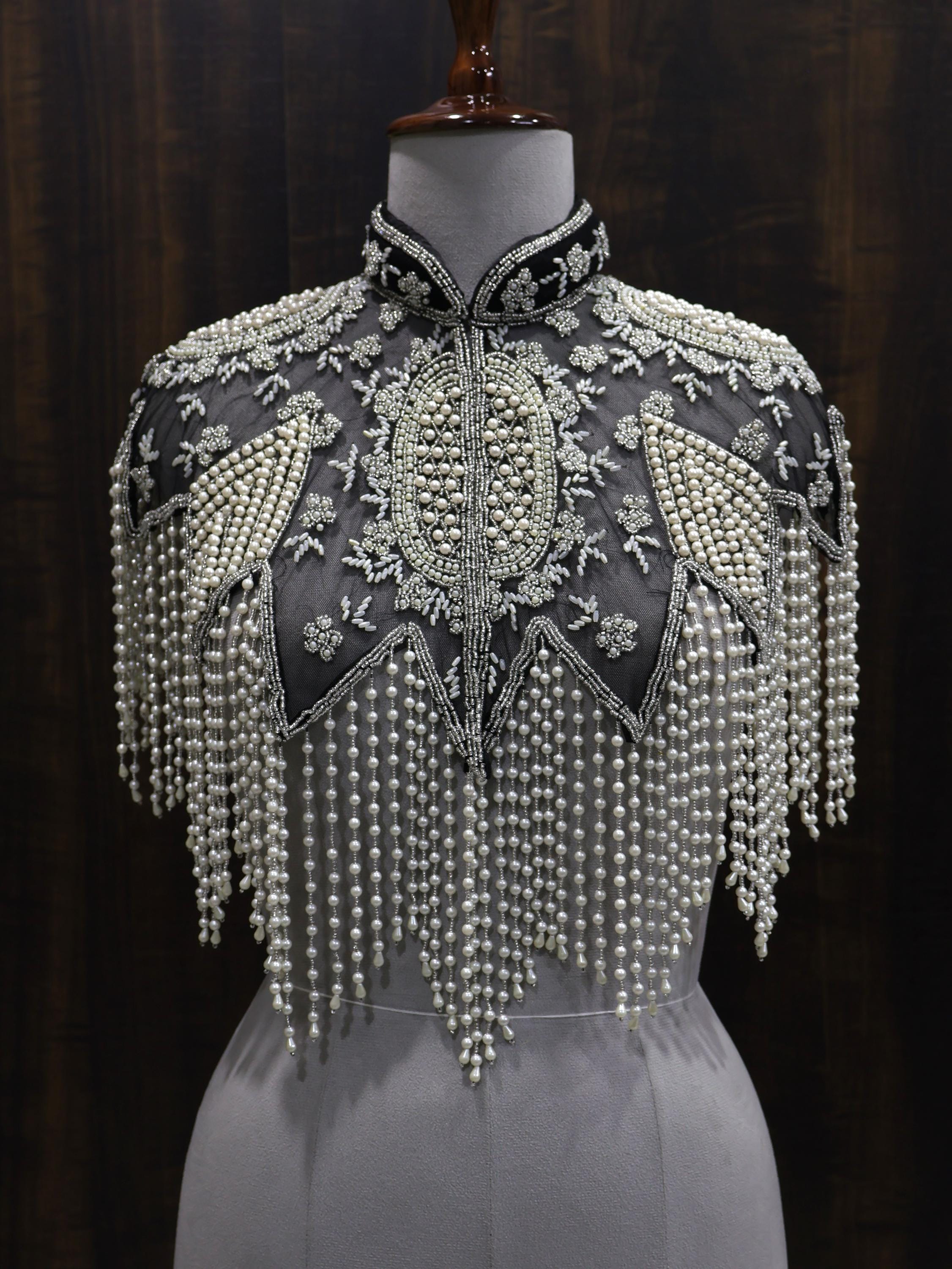 Black & White Pearl Embroidered Cape: Wedding Evening Cover-Up Shrug