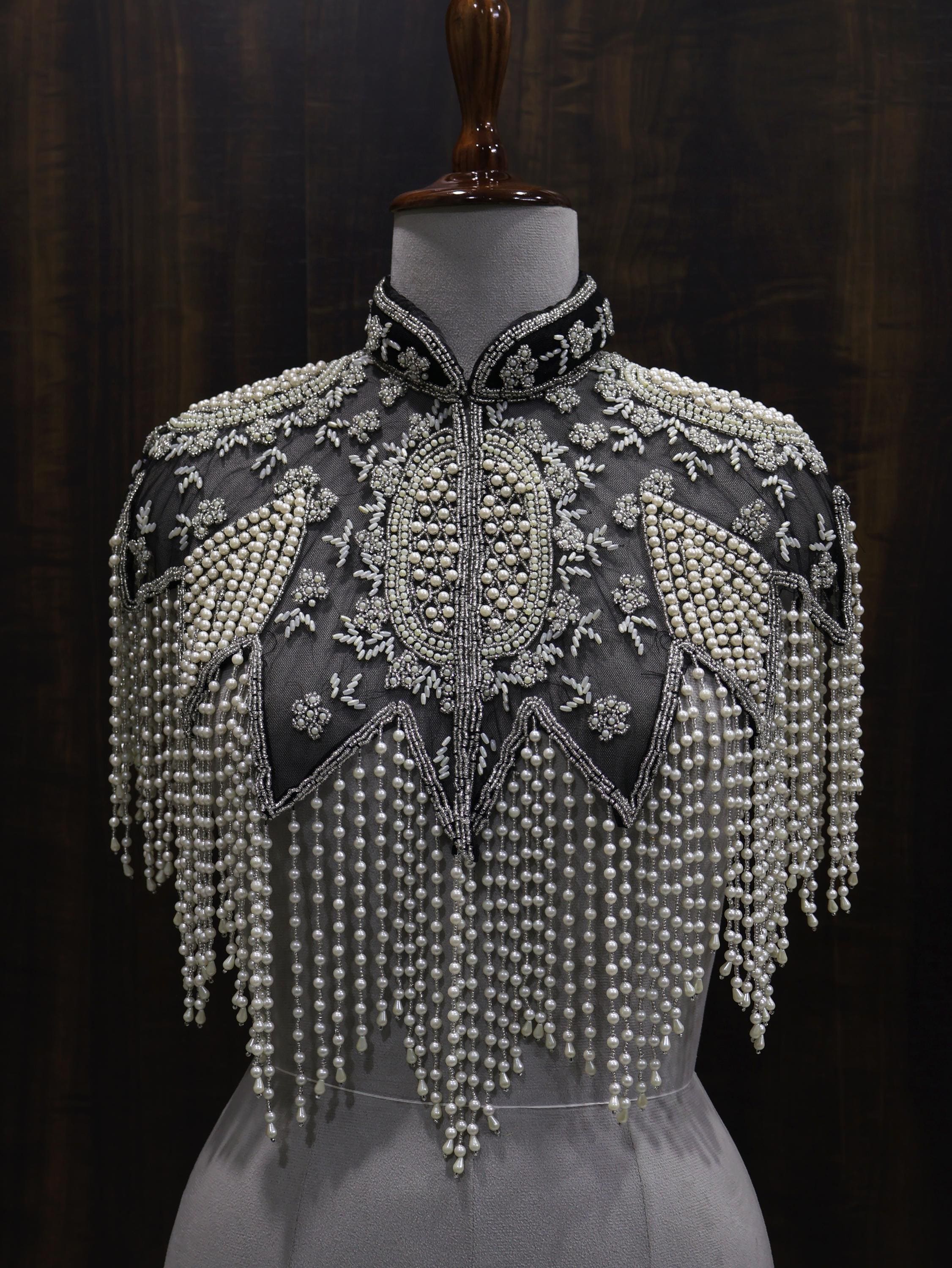 Black & White Pearl Embroidered Cape: Wedding Evening Cover-Up Shrug