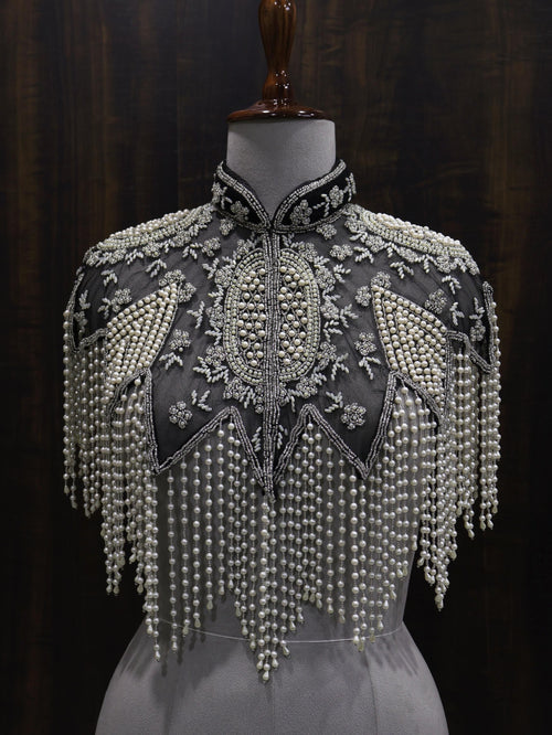 Black & White Pearl Embroidered Cape: Wedding Evening Cover-Up Shrug