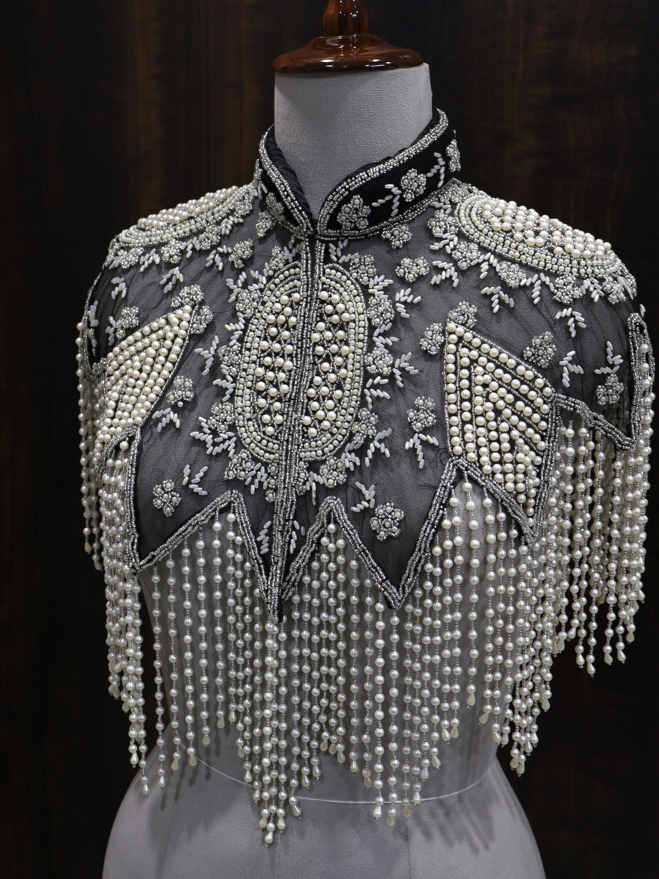 Black & White Pearl Embroidered Cape: Wedding Evening Cover-Up Shrug