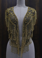 Open-Front Gold Beaded Mesh Shoulder Cape with Cascading Fringe