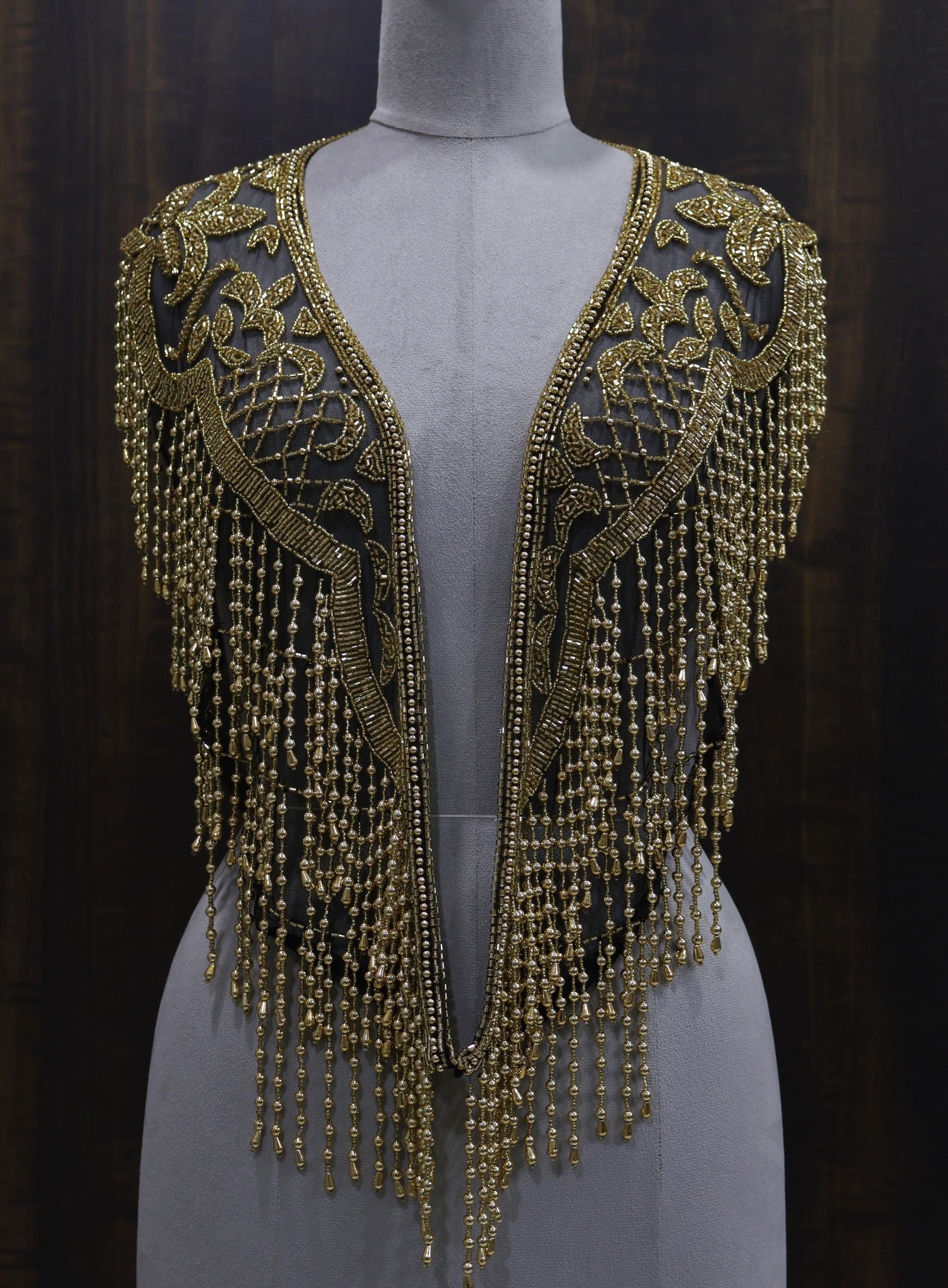 Open-Front Gold Beaded Mesh Shoulder Cape with Cascading Fringe