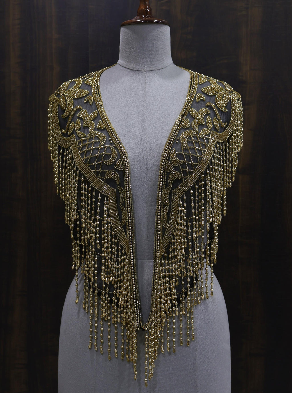 Open-Front Gold Beaded Mesh Shoulder Cape with Cascading Fringe