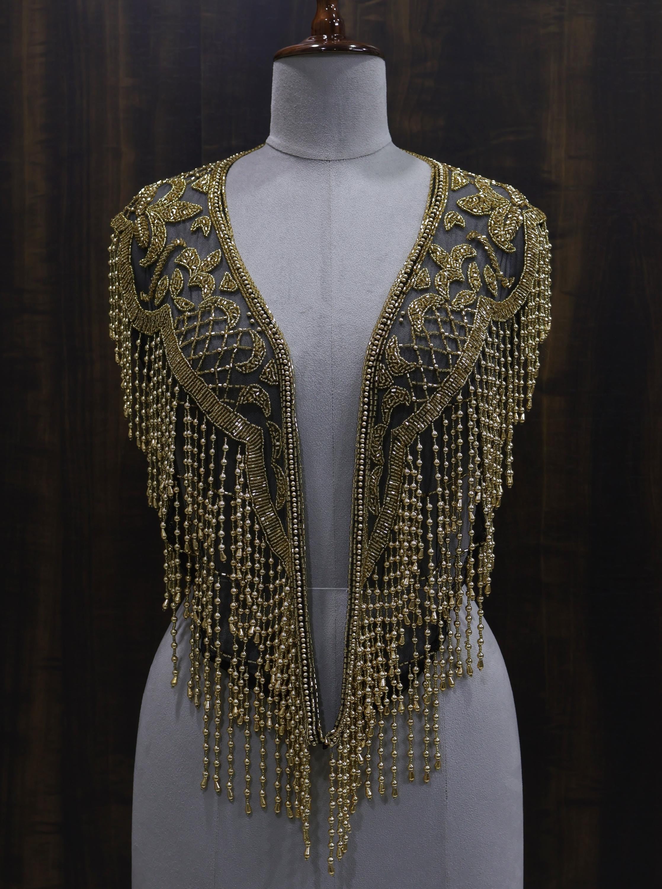 Open-Front Gold Beaded Mesh Shoulder Cape with Cascading Fringe