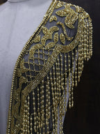 Open-Front Gold Beaded Mesh Shoulder Cape with Cascading Fringe