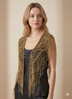 Open-Front Gold Beaded Mesh Shoulder Cape with Cascading Fringe