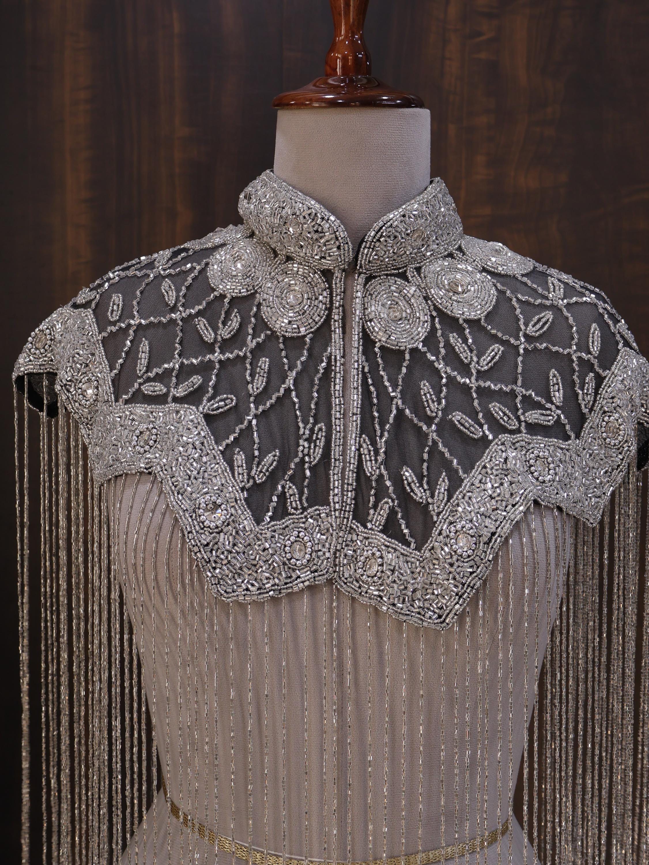 Silver Black Floral Beaded Bridal Cape: Wedding & Evening Cover-Up Shrug