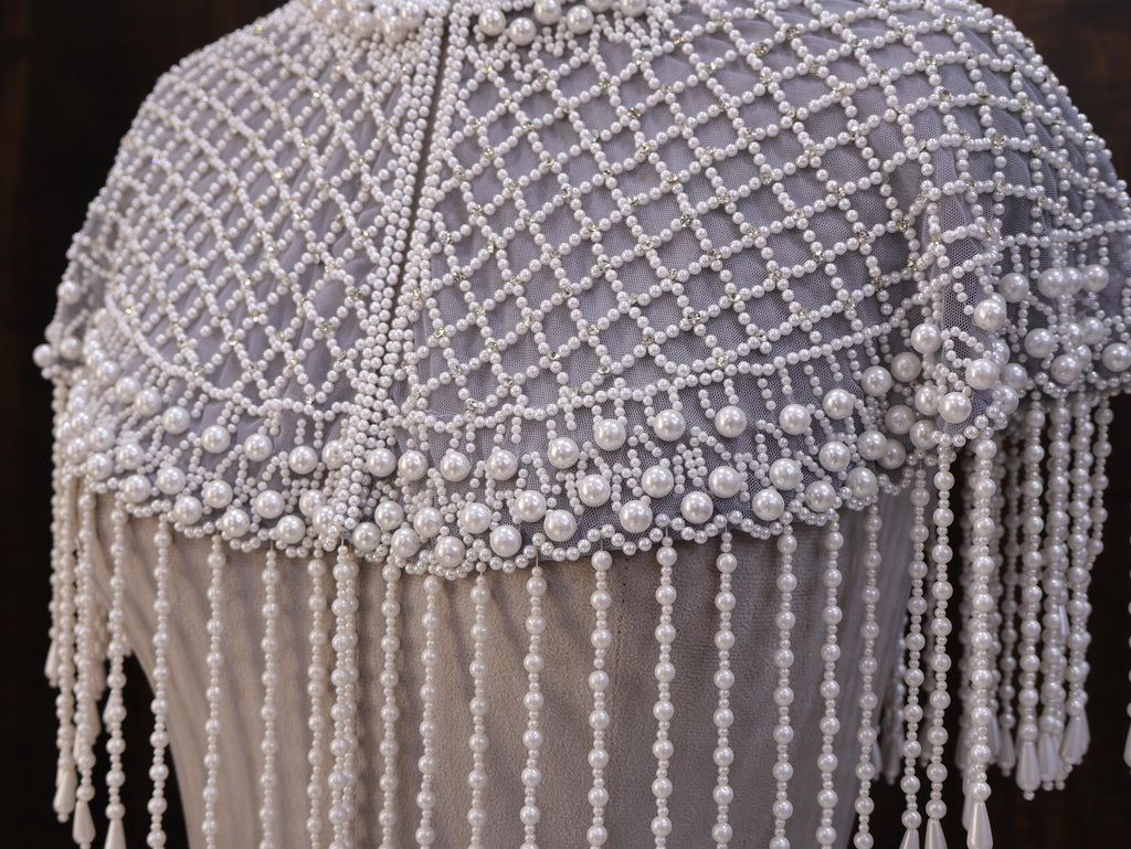 Luna: White Pearl Beaded Cape Wedding & Evening Cover-Up Shrug