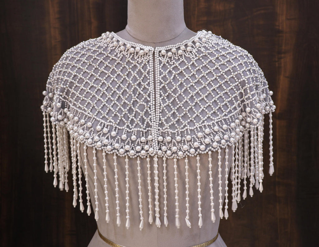 Luna: White Pearl Beaded Cape Wedding & Evening Cover-Up Shrug