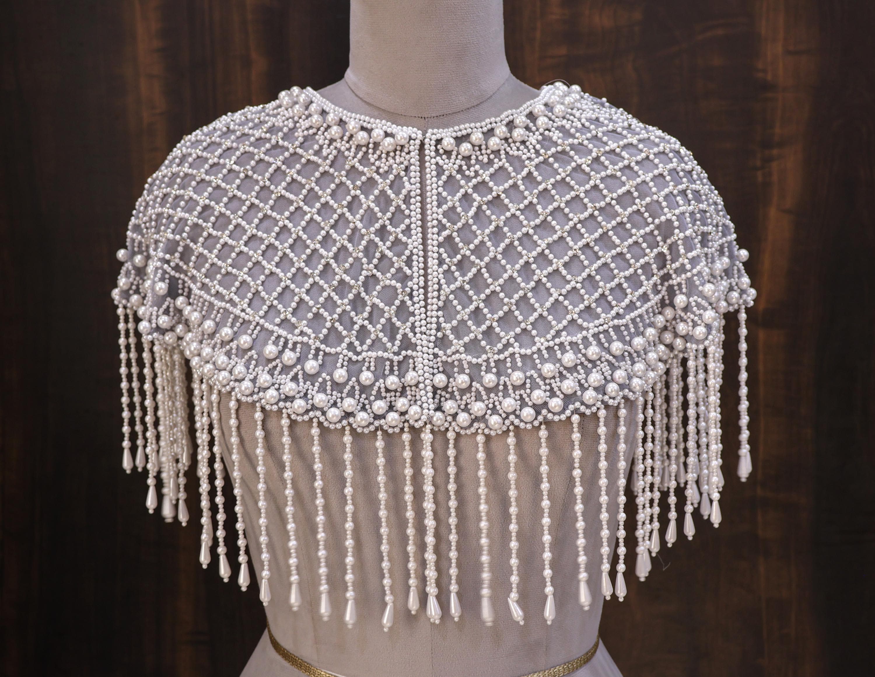 Luna: White Pearl Beaded Cape Wedding & Evening Cover-Up Shrug