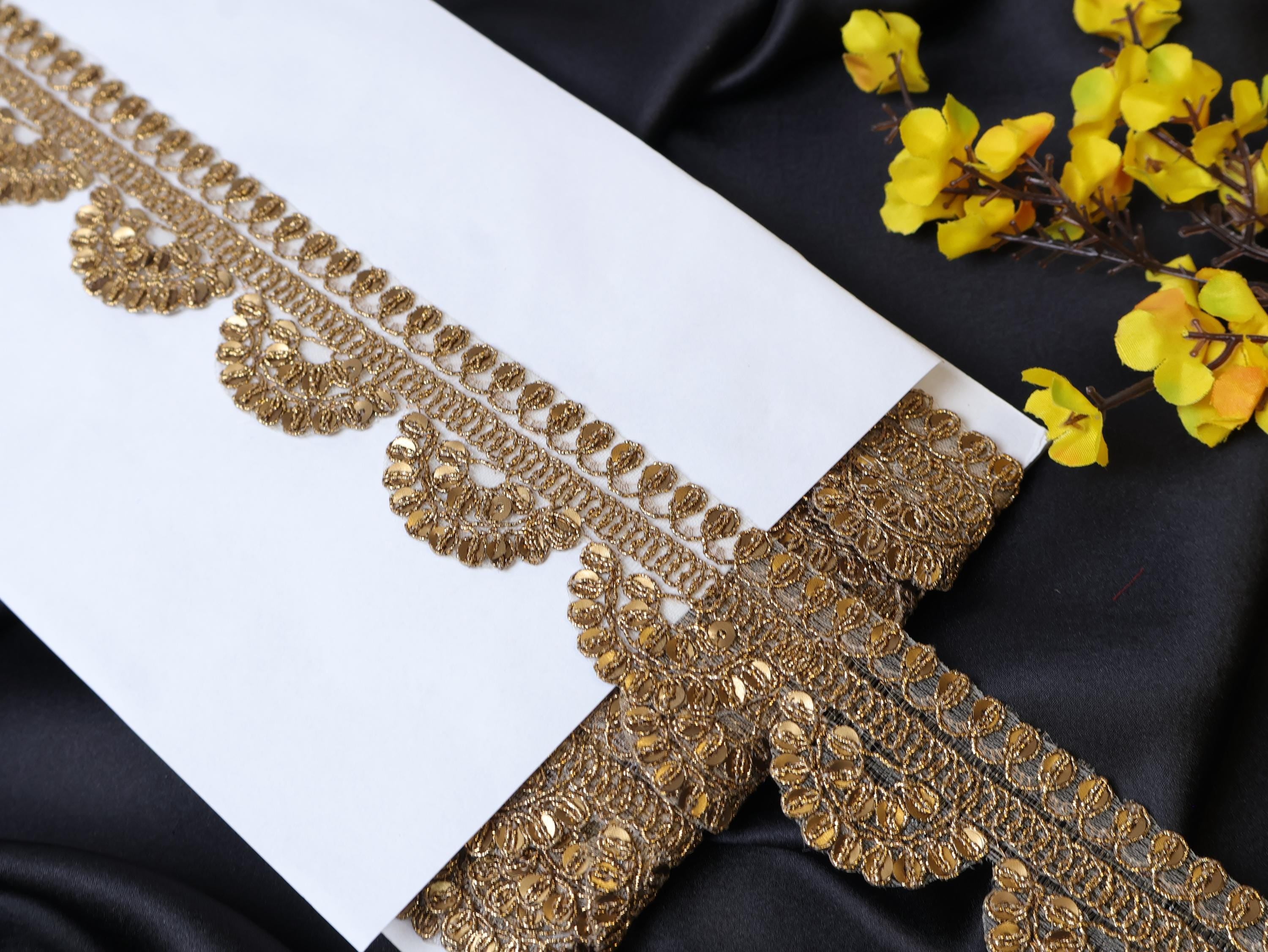 Brown Gold Sequin & Zari Scallop Trim Lace: Indian Sari Ribbon, 9 Yards