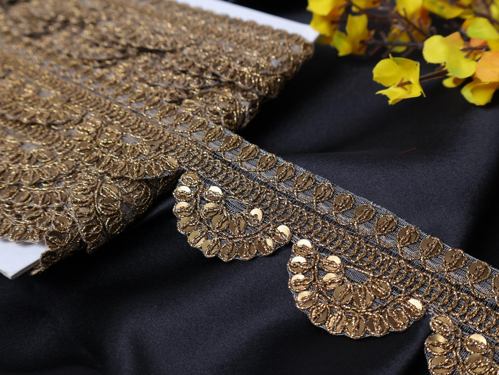 Brown Gold Sequin & Zari Scallop Trim Lace: Indian Sari Ribbon, 9 Yards