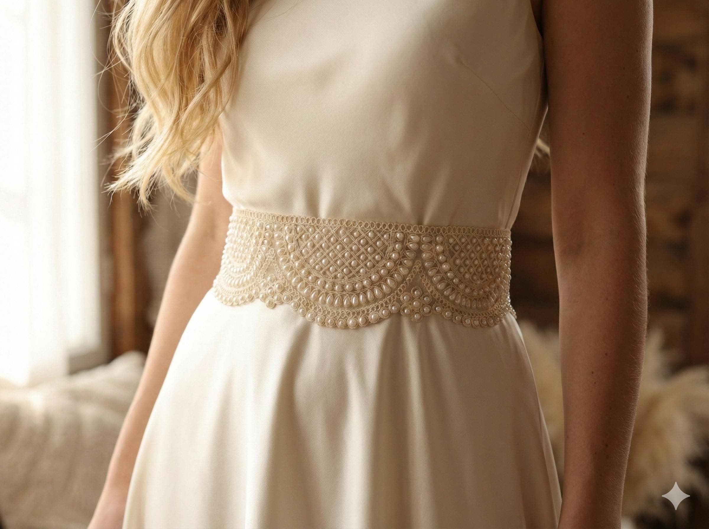 Pearlaire: Handcrafted Off-White Pearl Bridal Belt, Scalloped Embroidered Design