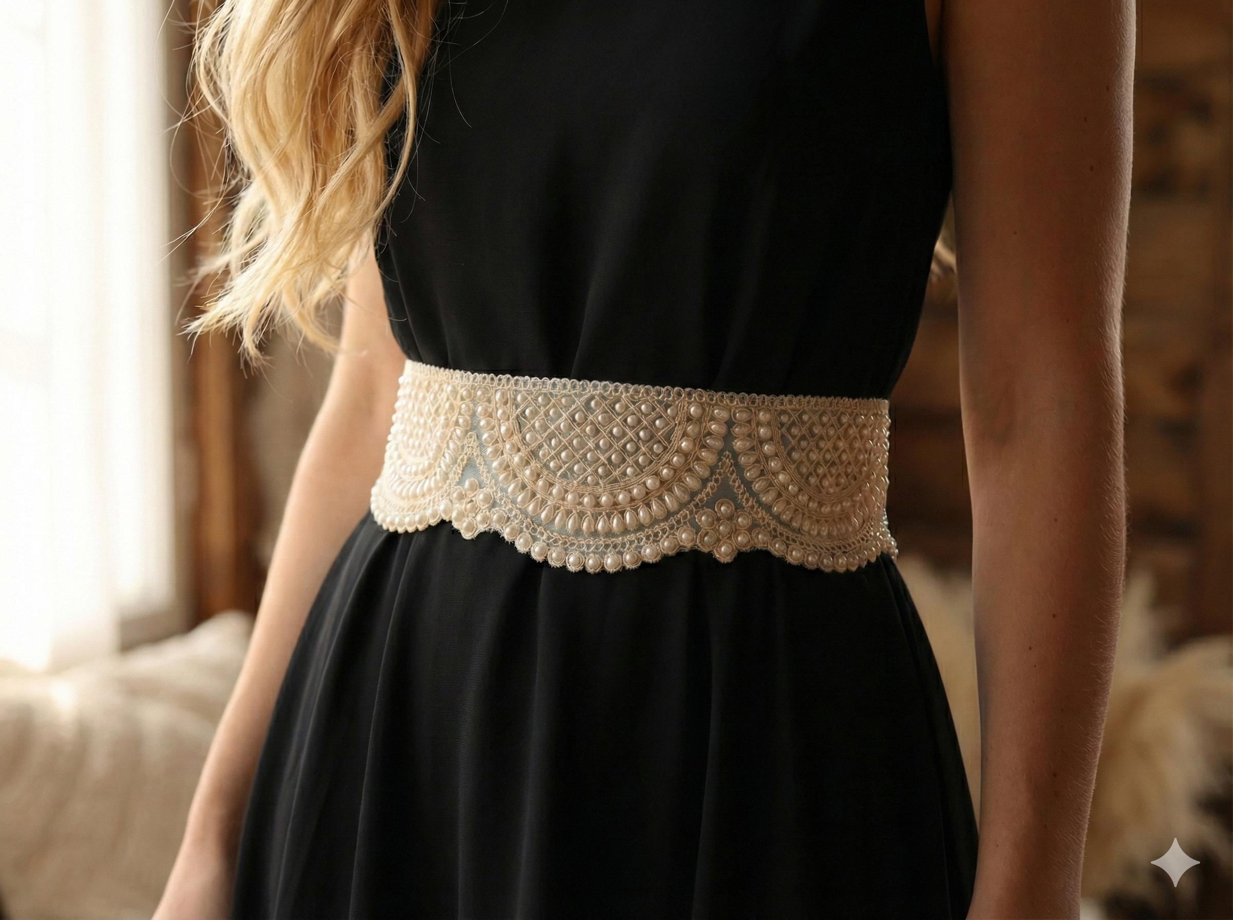 Pearlaire: Handcrafted Off-White Pearl Bridal Belt, Scalloped Embroidered Design