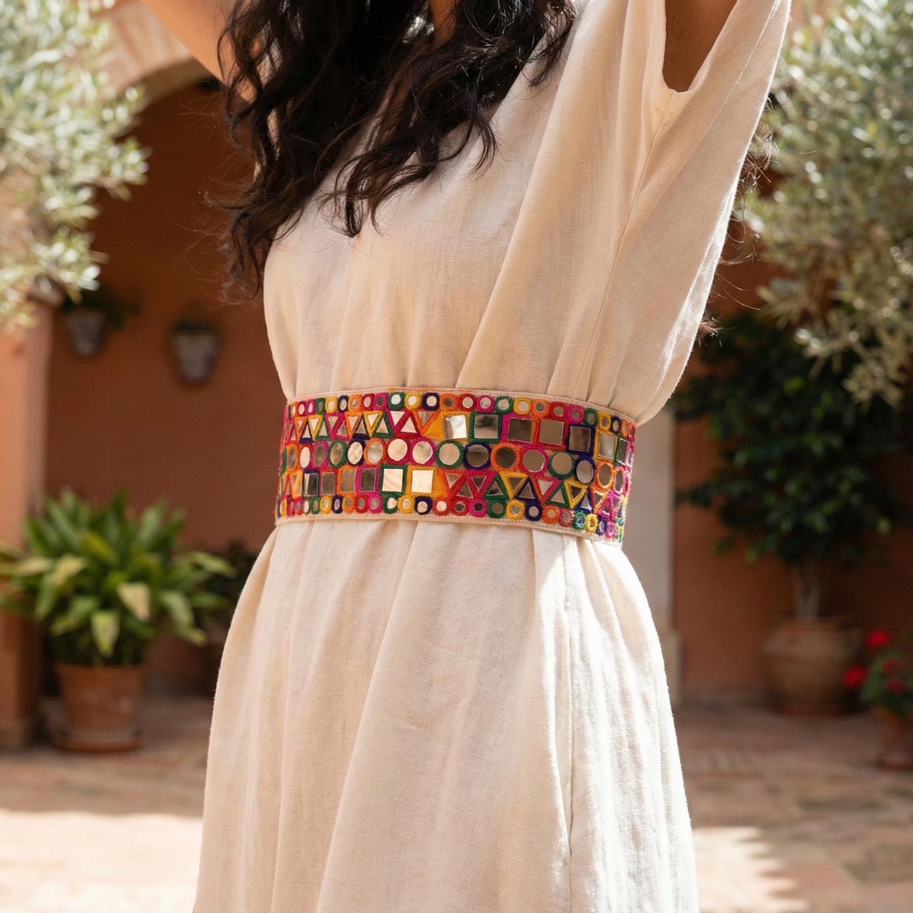 Mirrorwork Boho Waist Belt: Multicolor Embroidered Metal Clasp Chain