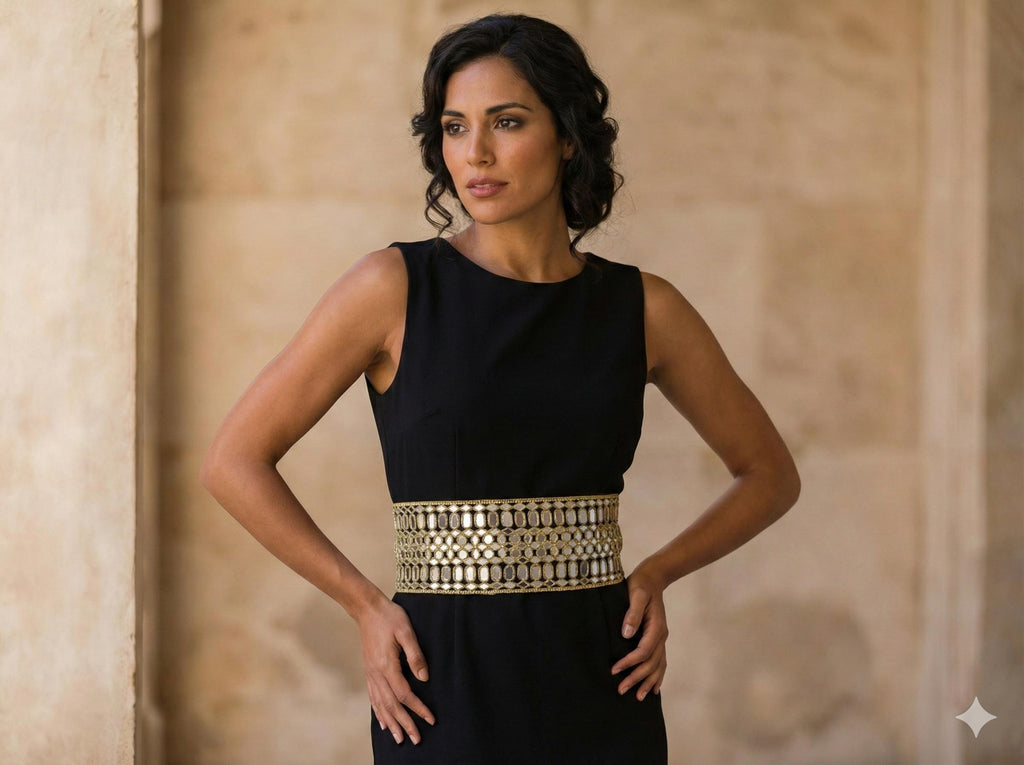 Antique Gold Statement Waist Belt: Mirror Design, Adjustable Chain