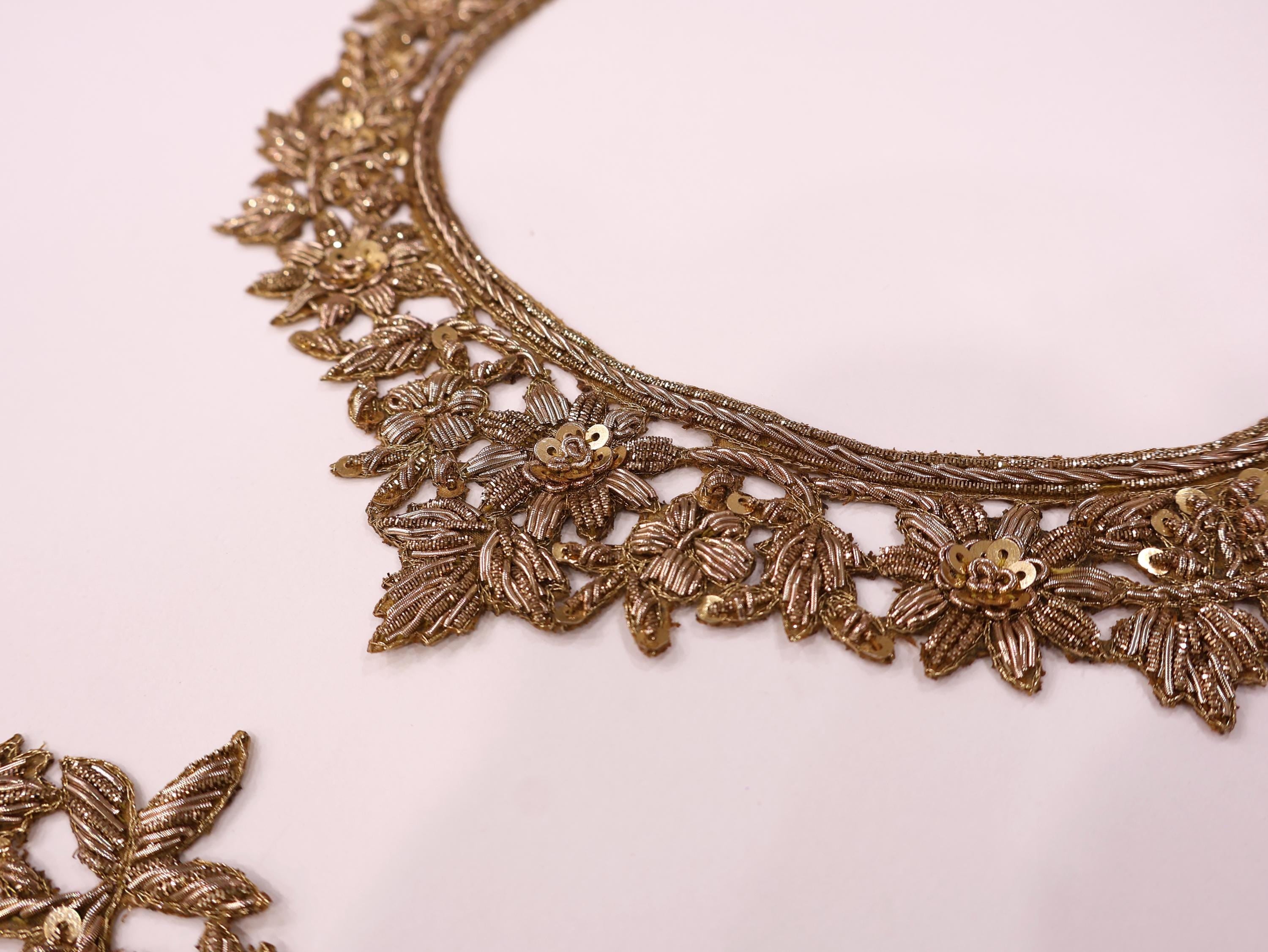 Antique Gold Embroidered Neckline Patch: Indian Applique with Sleeves