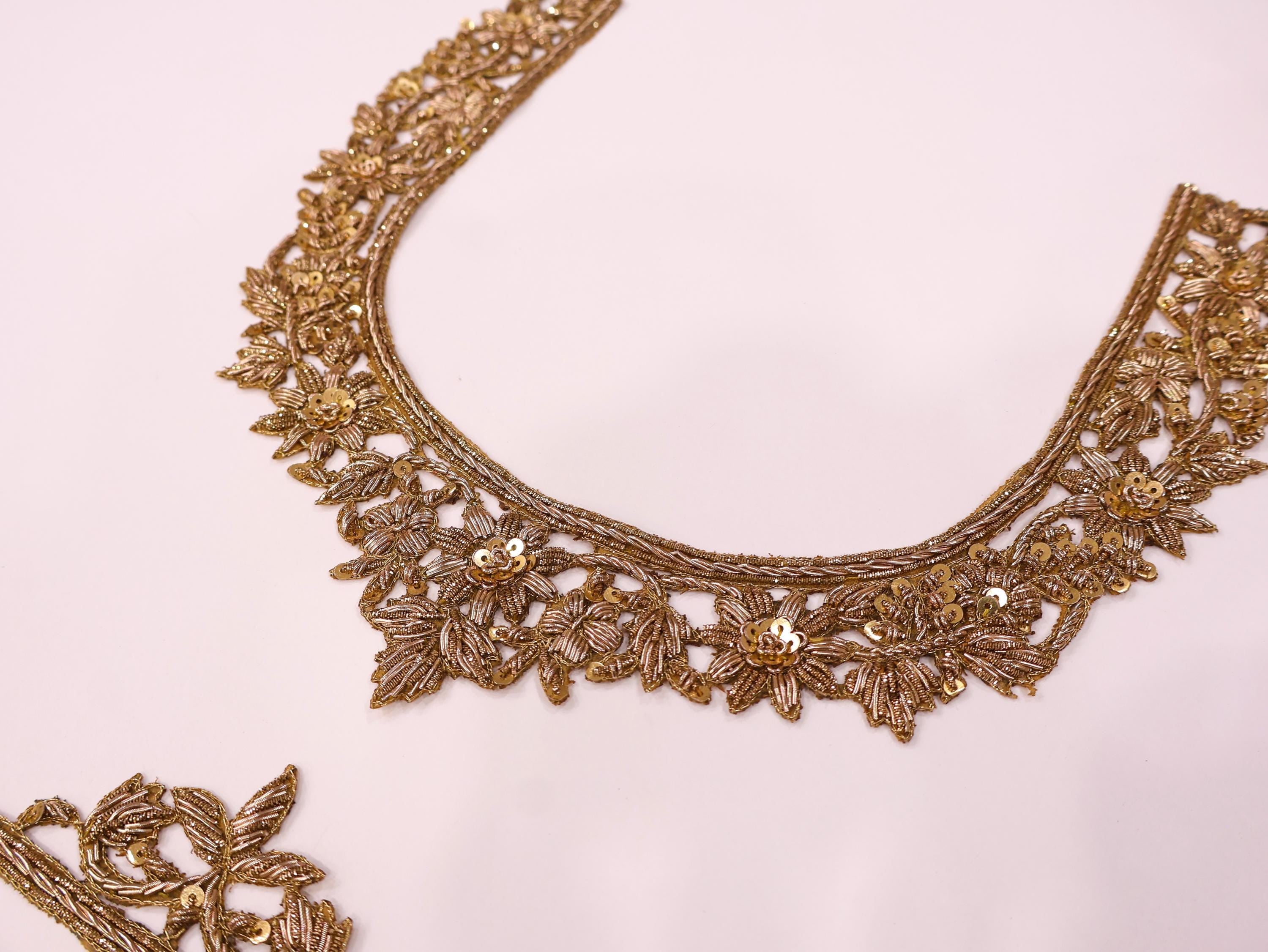 Antique Gold Embroidered Neckline Patch: Indian Applique with Sleeves