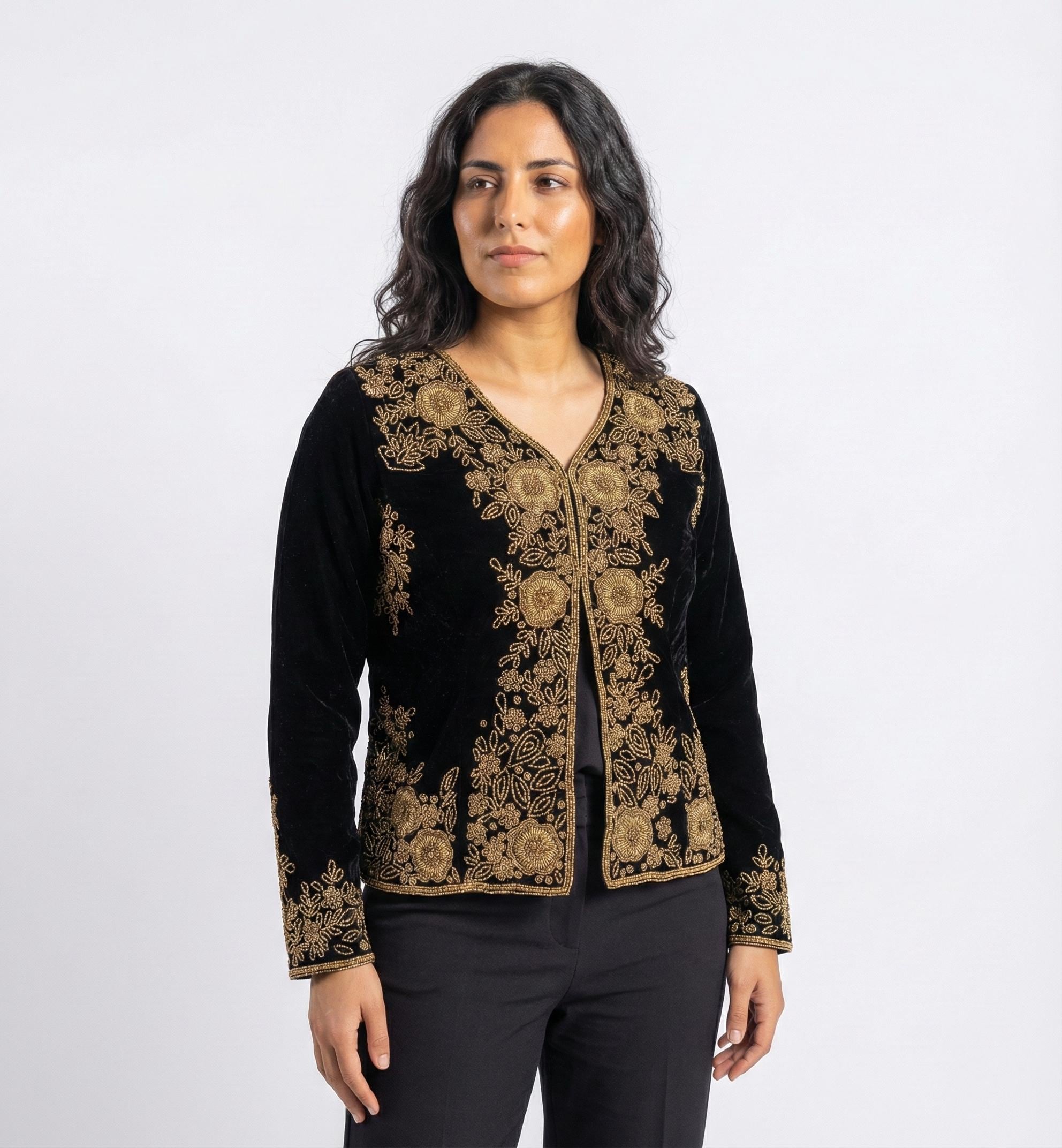 Luxury Black Velvet & Gold Bead Jacket – Made to Order Wedding Evening Shrug