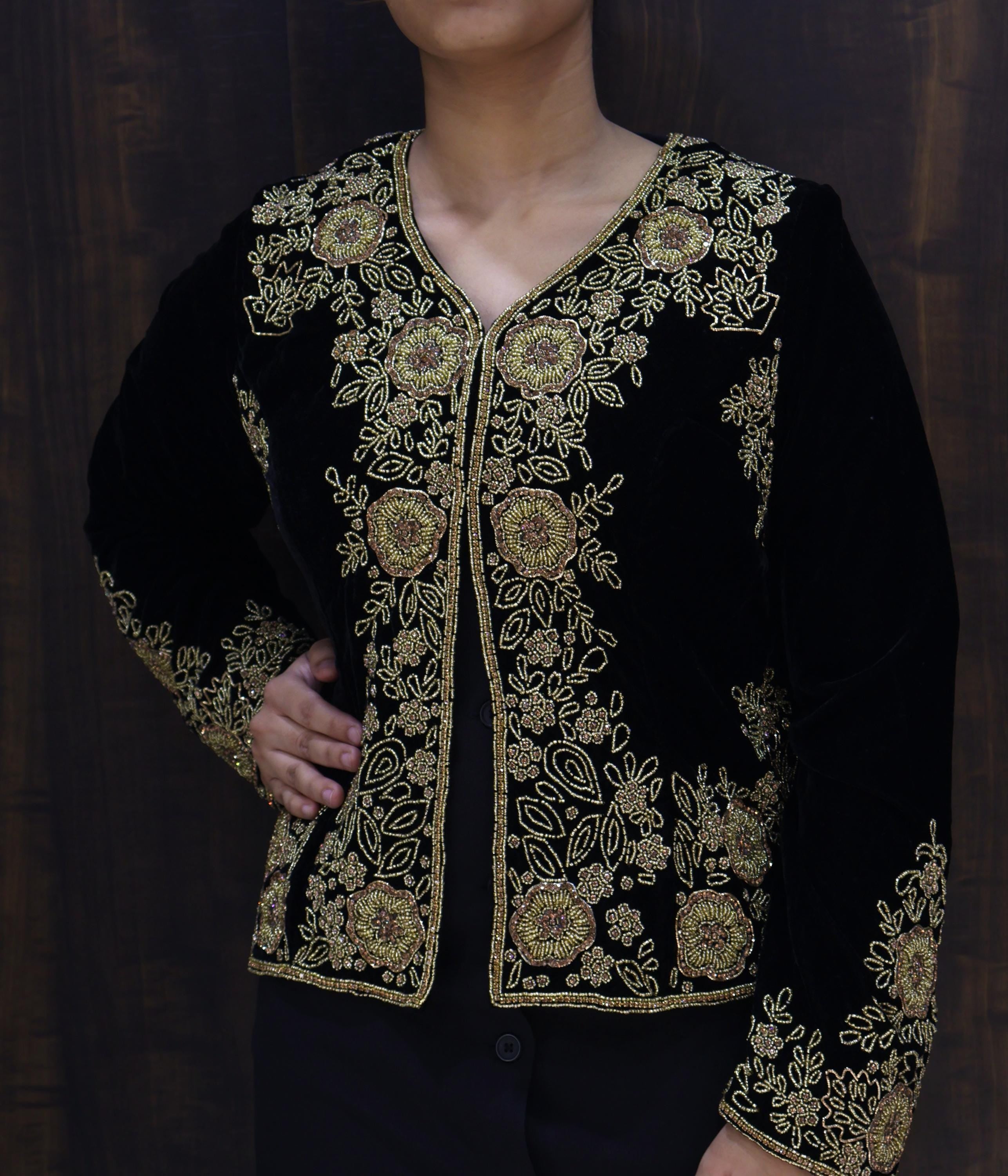 Luxury Black Velvet & Gold Bead Jacket – Made to Order Wedding Evening Shrug