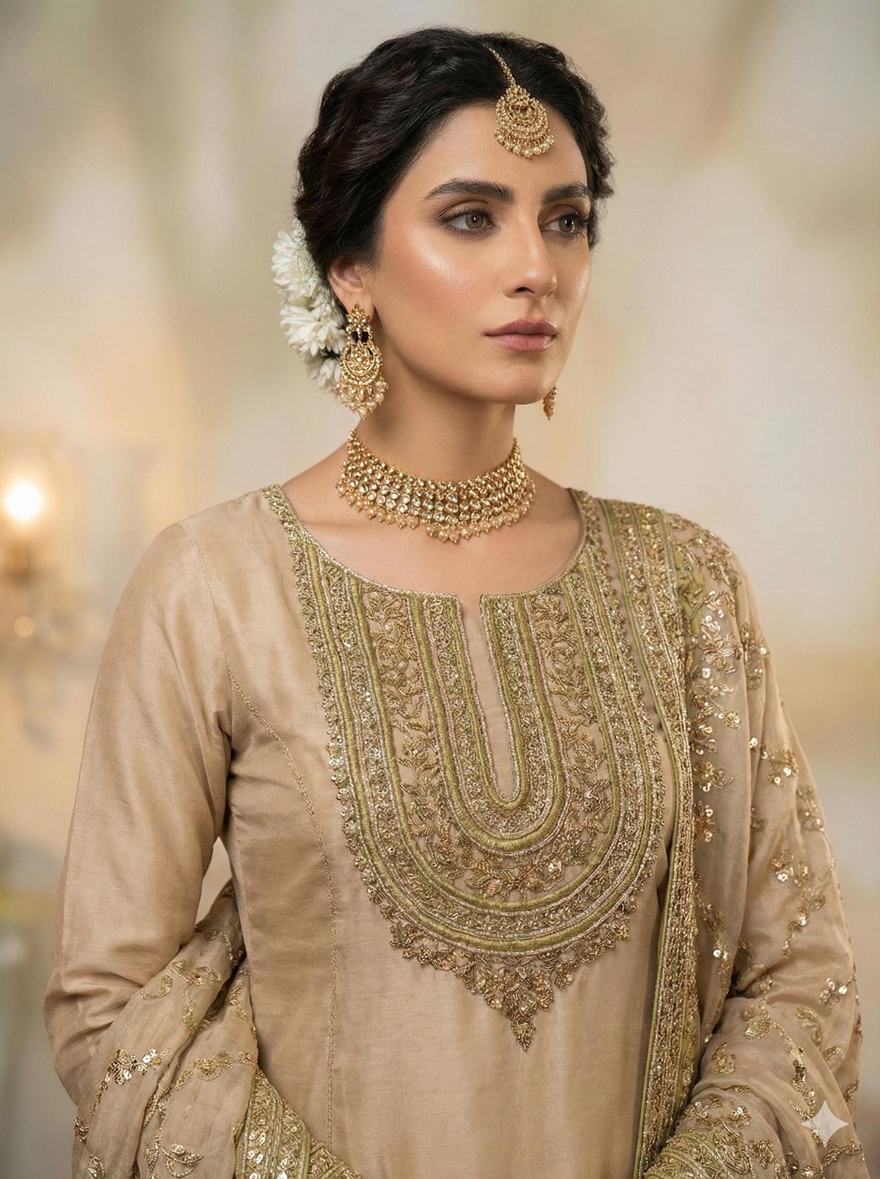 Pale Gold Zardozi Thread Embroidered Neckline Patch with Sleeves
