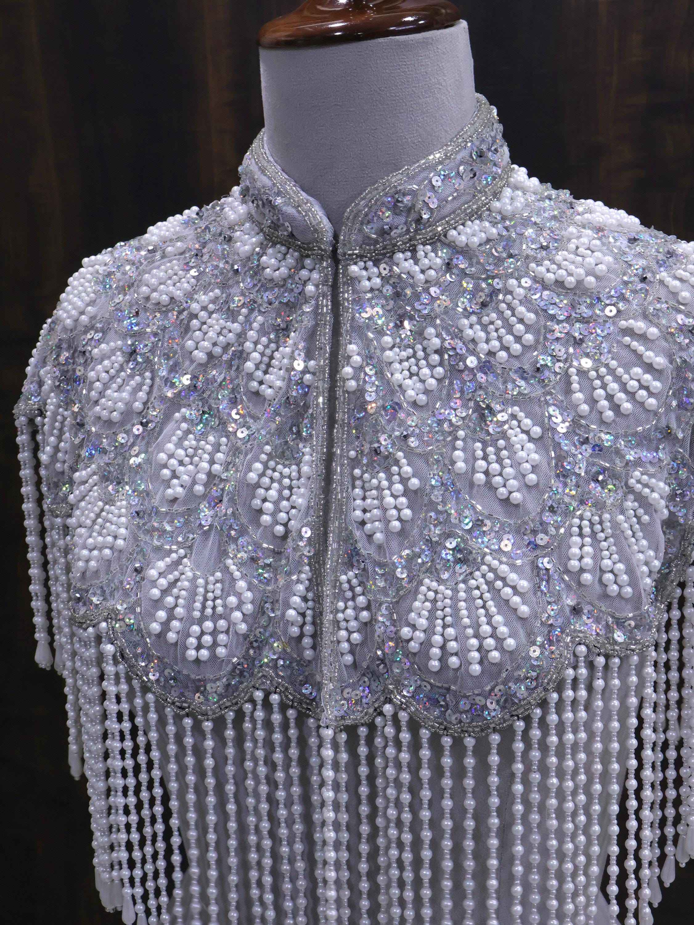 White Fringe Pearl Beaded Cape: Wedding & Evening Cover-Up Shrug