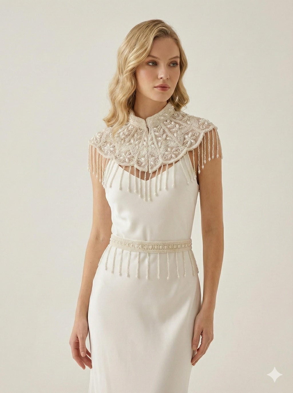 Pearl Embroidered Beaded Mini Cape with Belt: Wedding & Evening Cover-Up Capelet