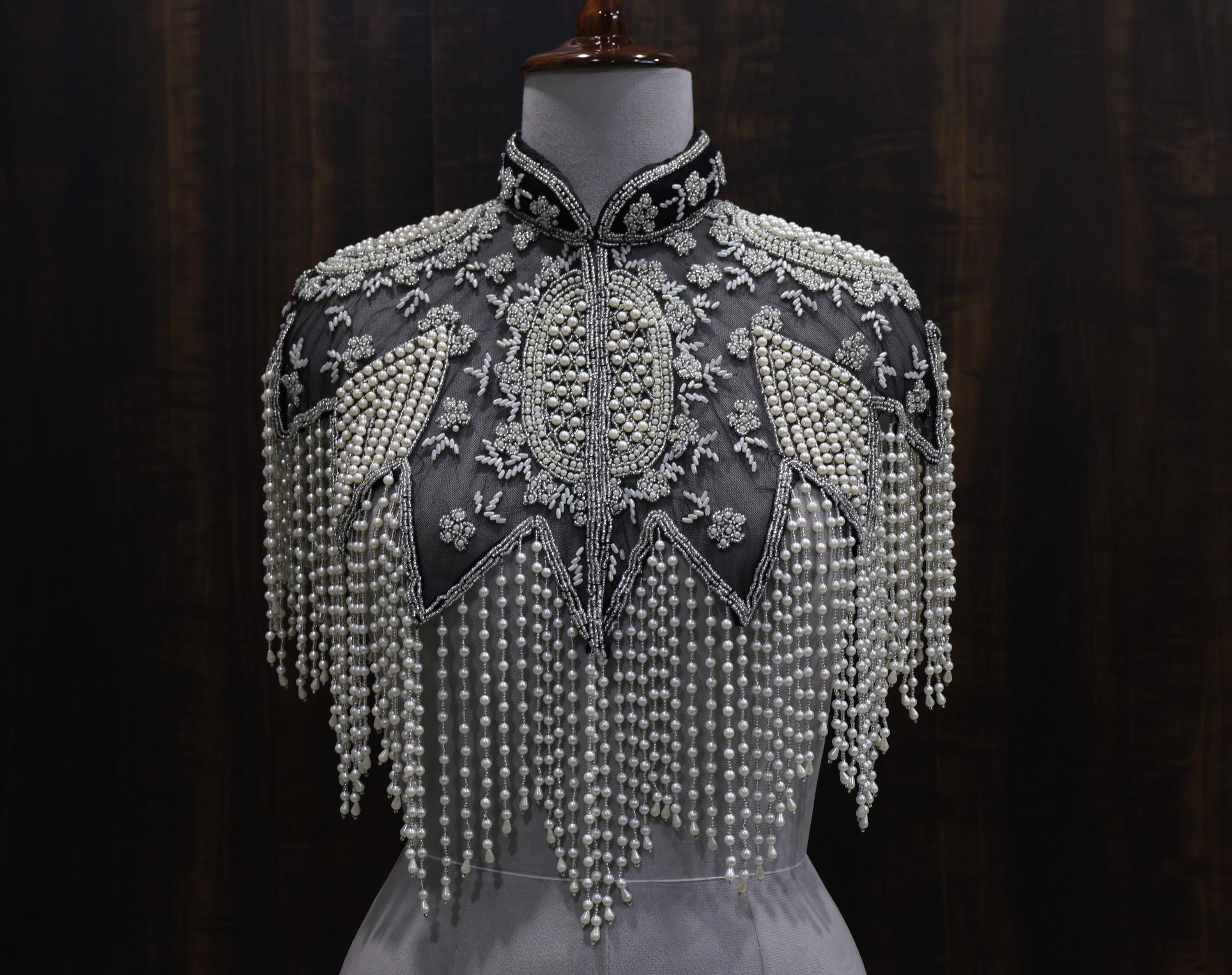 Black & White Pearl Embroidered Cape: Wedding Evening Cover-Up Shrug