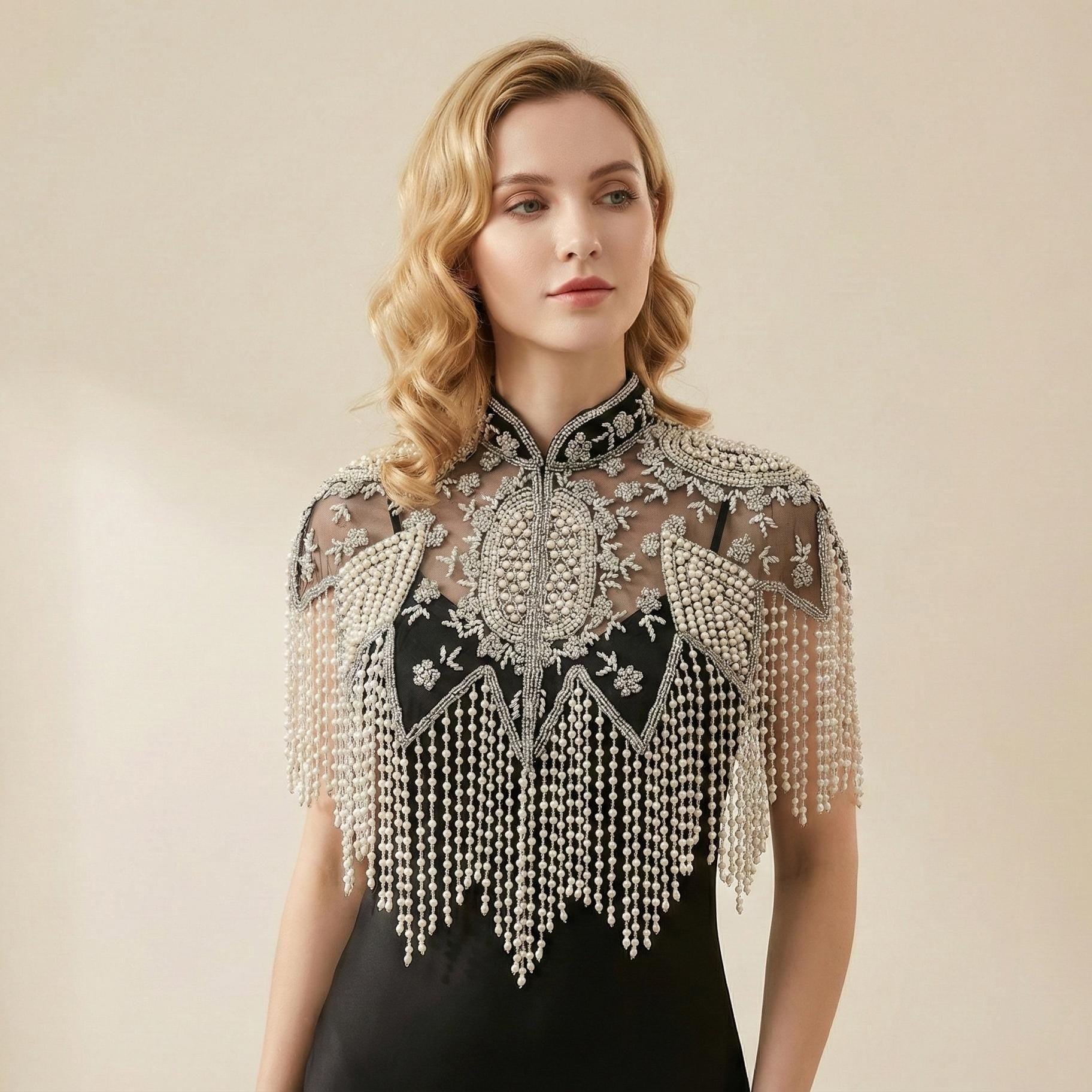 Black & White Pearl Embroidered Cape: Wedding Evening Cover-Up Shrug