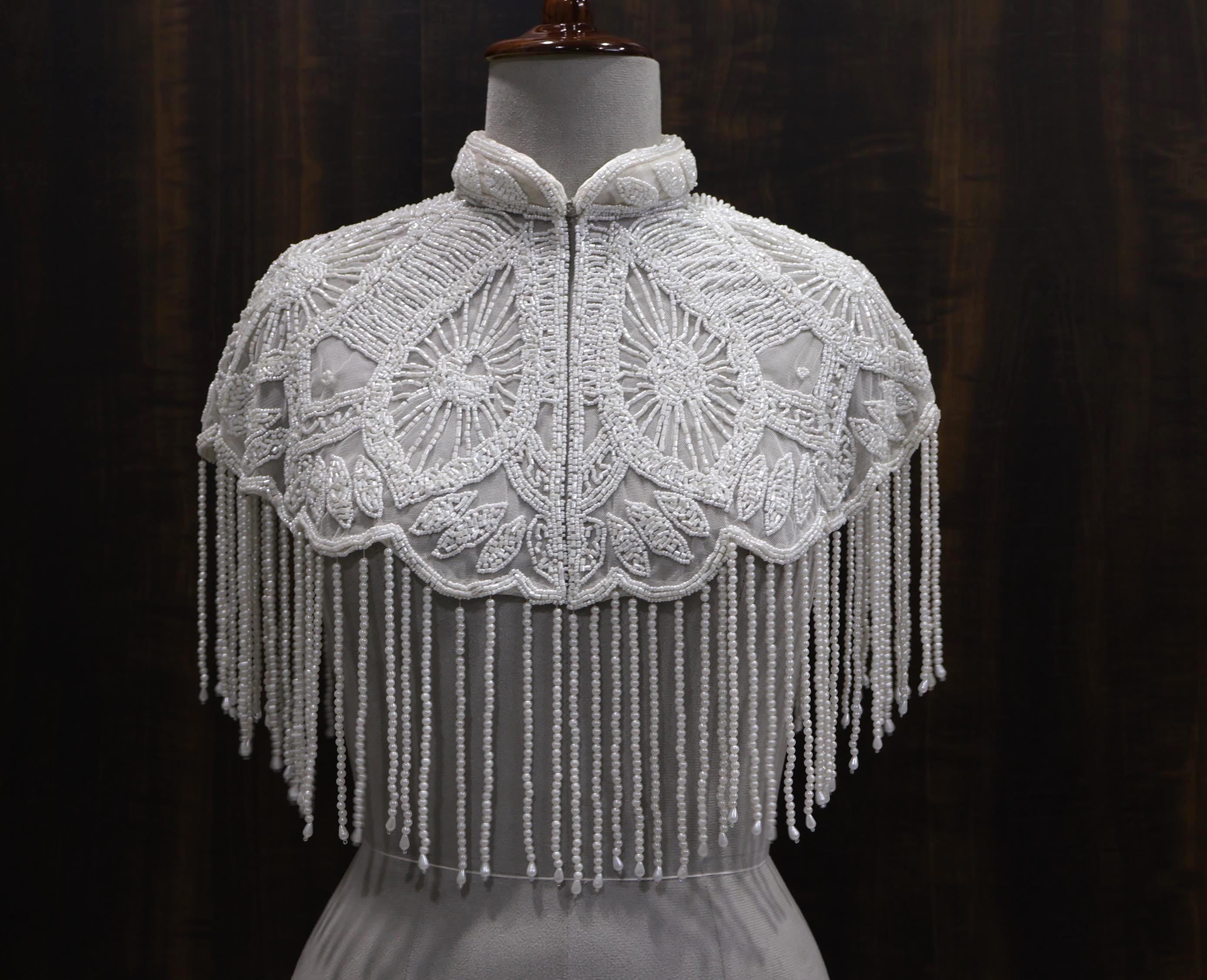 White/ Silver Beaded Bridal Cape: Wedding & Evening Cover-Up Shrug