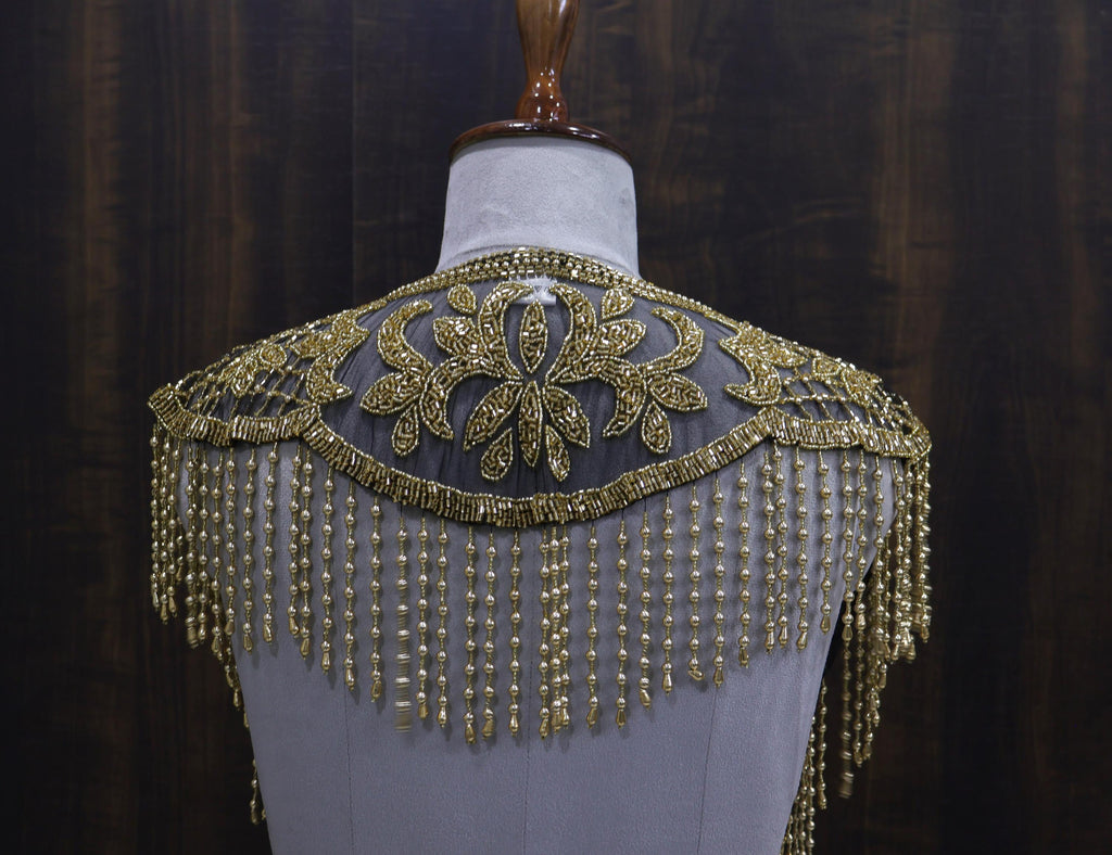 Open-Front Gold Beaded Mesh Shoulder Cape with Cascading Fringe