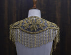 Open-Front Gold Beaded Mesh Shoulder Cape with Cascading Fringe