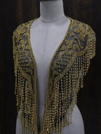 Open-Front Gold Beaded Mesh Shoulder Cape with Cascading Fringe